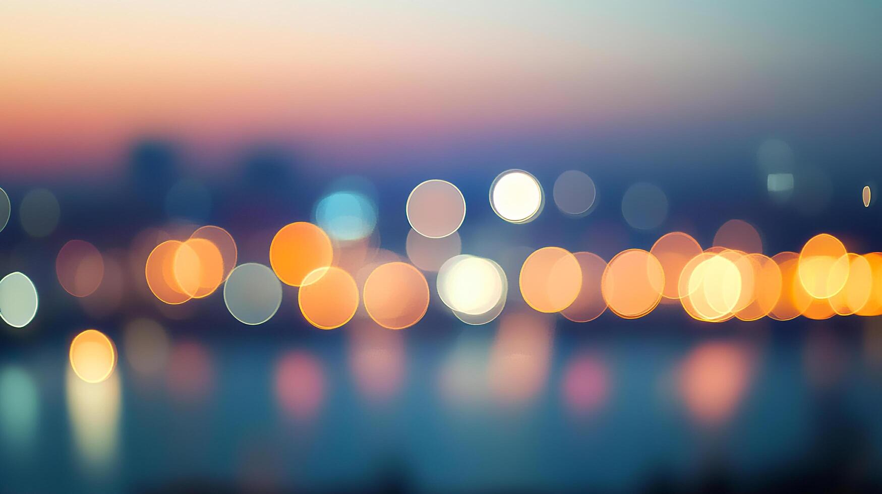 Blurred lights create a captivating bokeh effect, casting a mesmerizing glow on the tranquil water in a serene urban landscape. photo