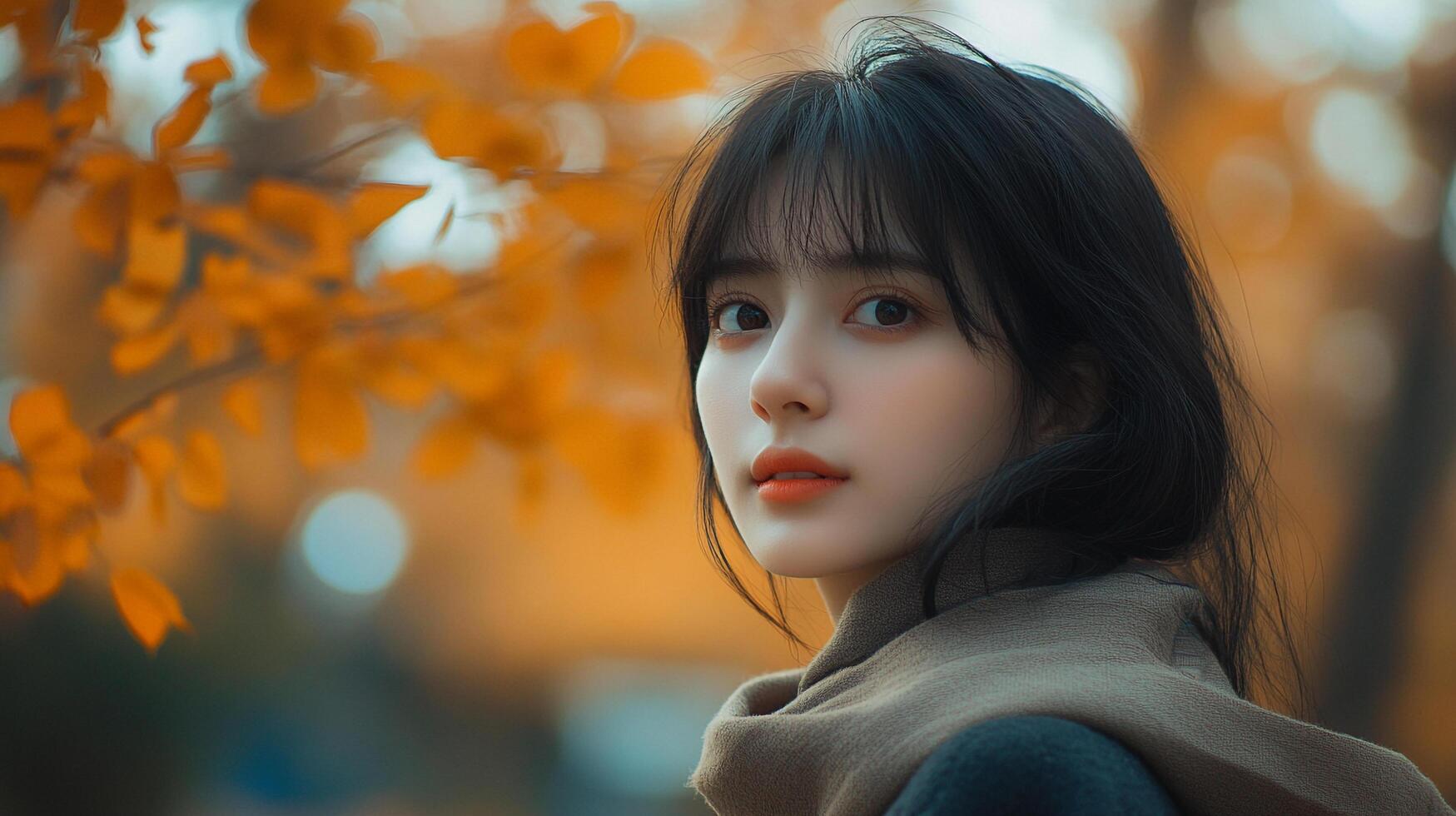 Portrait of a woman with dark hair and a neutral expression in an autumn setting, bathed in warm sunlight. She wears a cozy scarf. photo