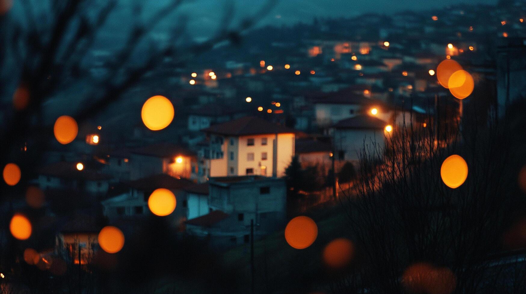 Night scene of town with blurred lights creating bokeh effect in the foreground. Serene evening vibe with focus on urban lights. photo