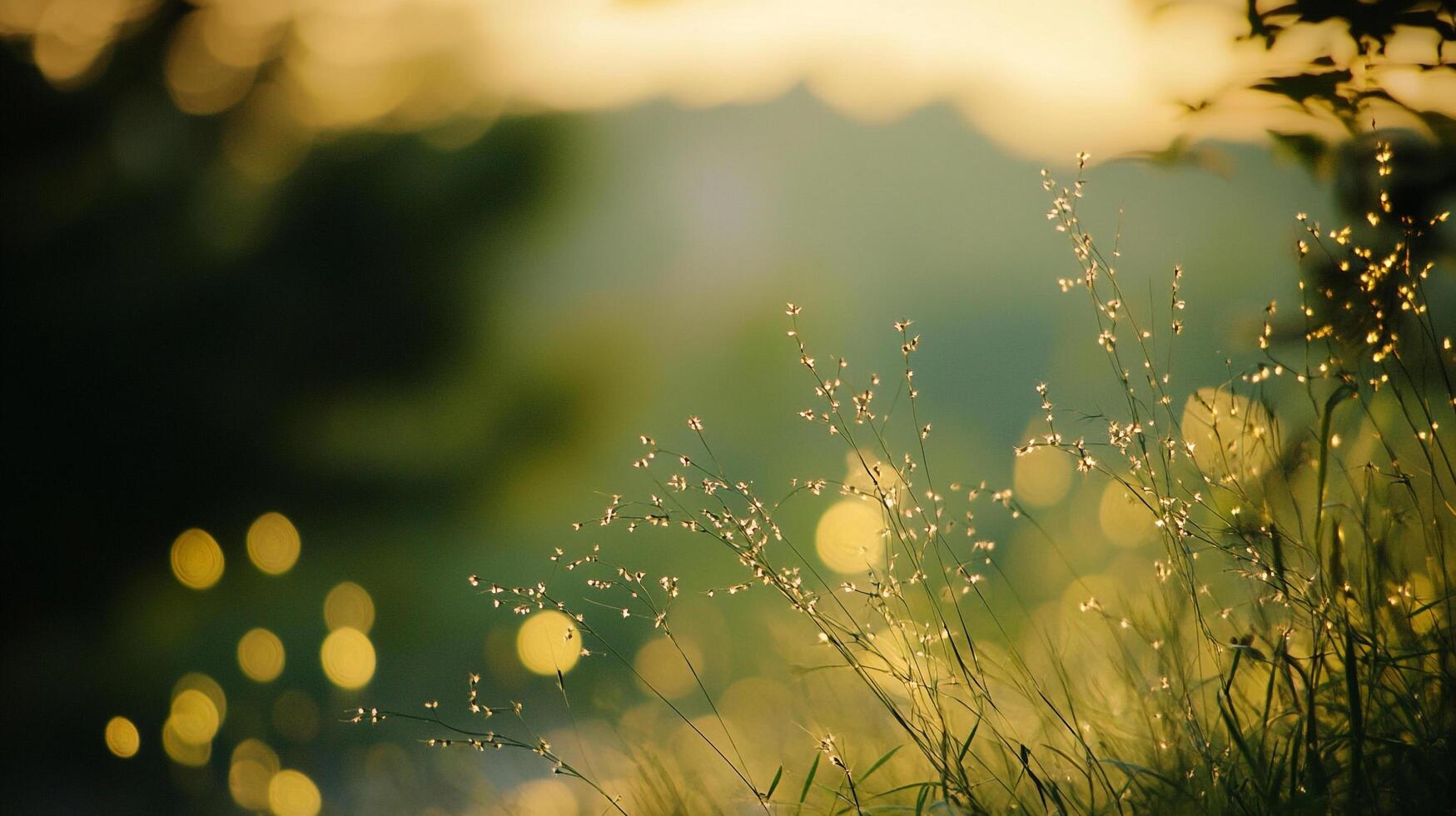 Golden hour illuminates delicate grass seeds against soft bokeh, painting a tranquil, ethereal landscape with nature's gentle touch. photo