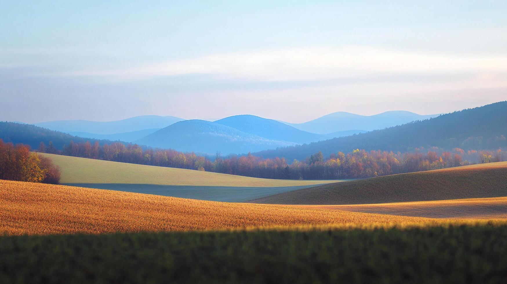 Rolling hills create a tranquil landscape, with distant mountains fading into a soft, hazy blue sky. Serene nature scene. photo