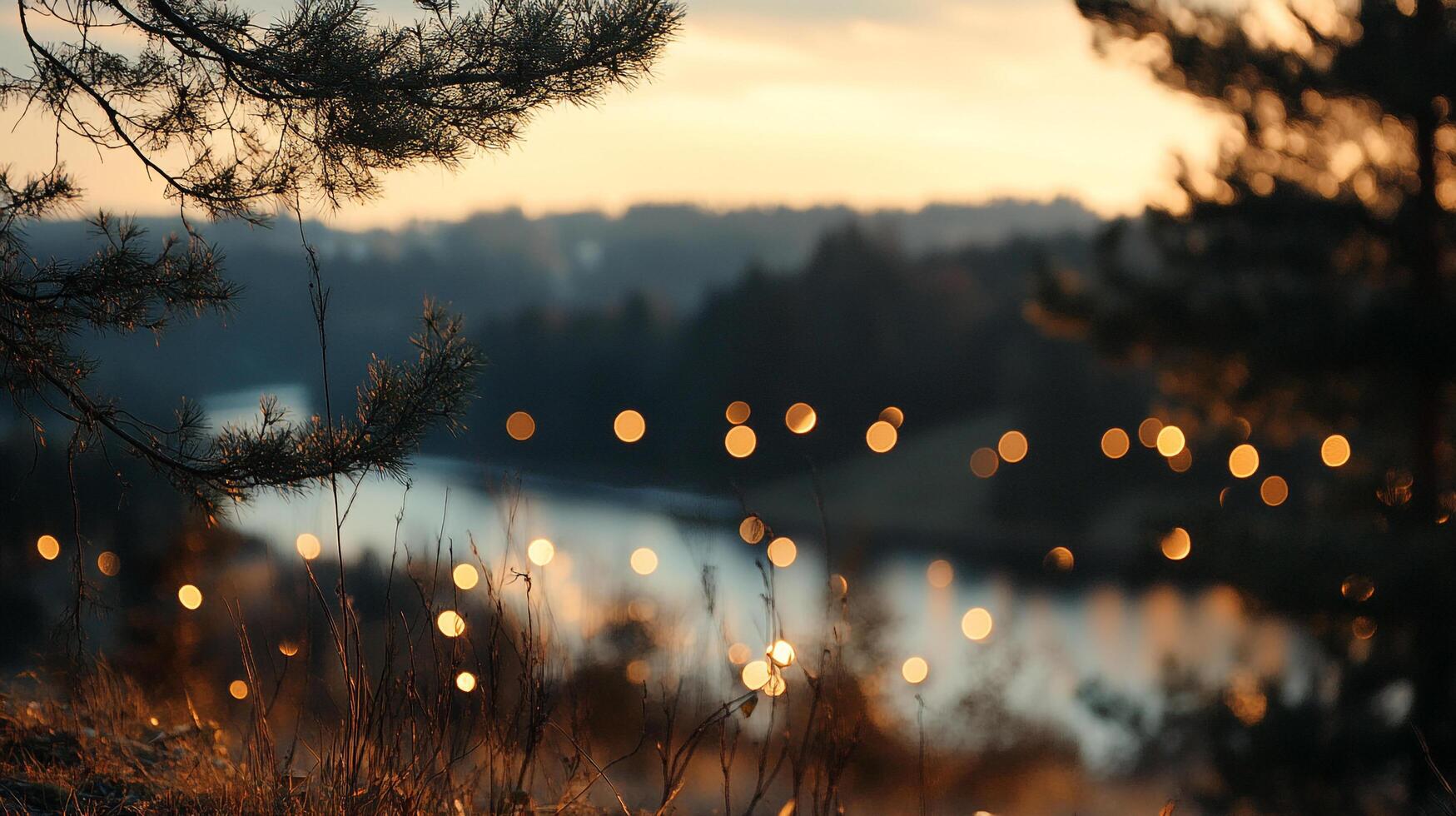 Blurred nature scene with bokeh lights, golden hour light, pine tree, water and meadow with sun set mood. Serene countryside landscape. photo