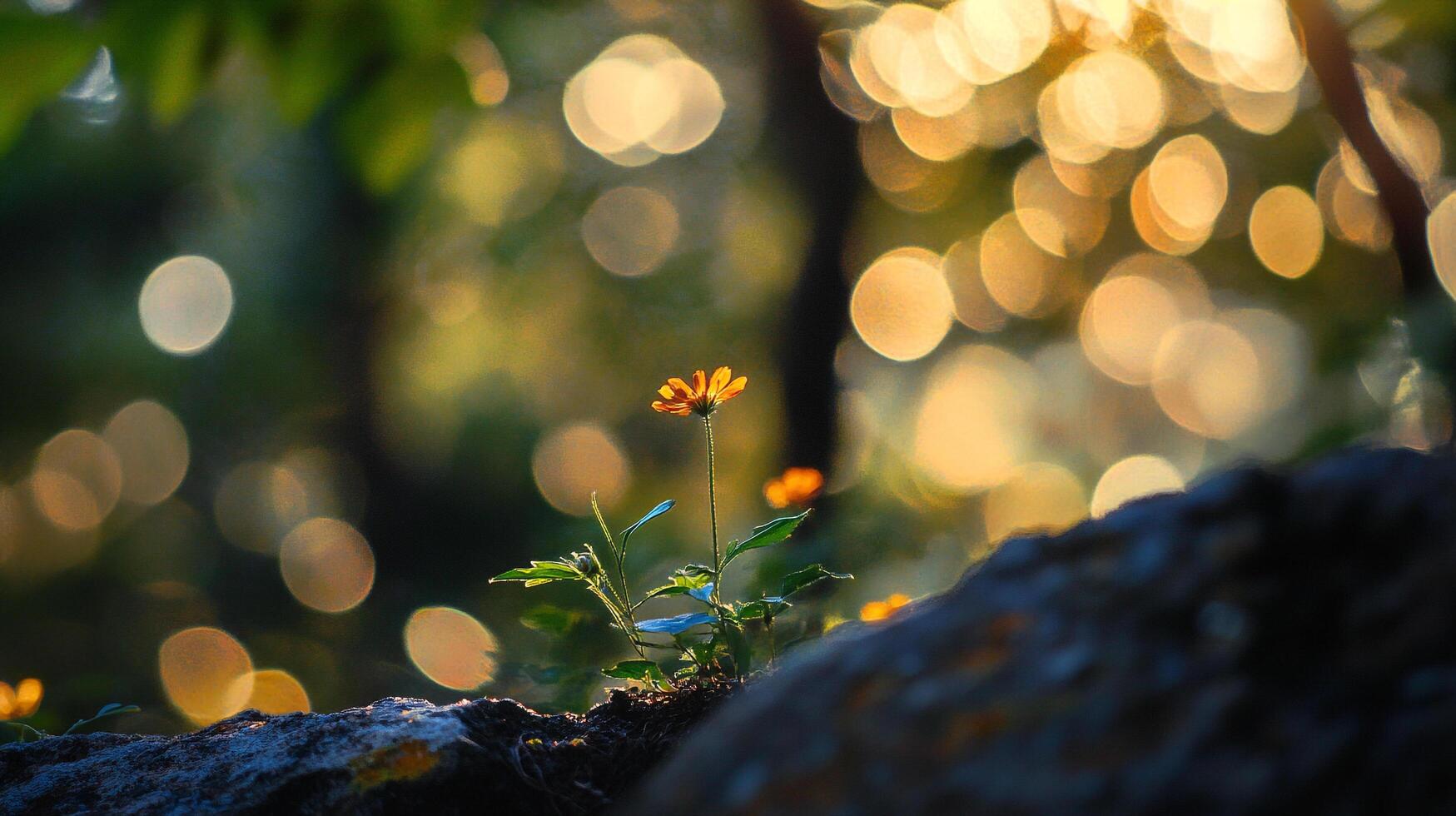 A vibrant orange wildflower grows bravely from a rocky outcrop, backlit by a sun-dappled, blurred background of warm bokeh lights. photo