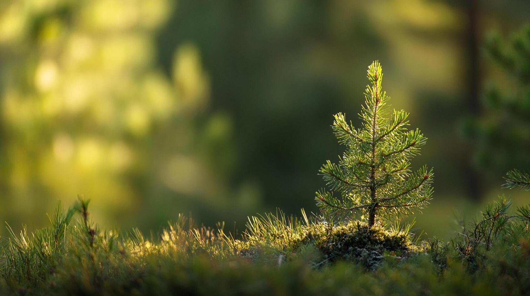 A young, vibrant pine sapling basks in the sunlight, standing amidst lush green grass and moss in the heart of a serene forest setting. photo
