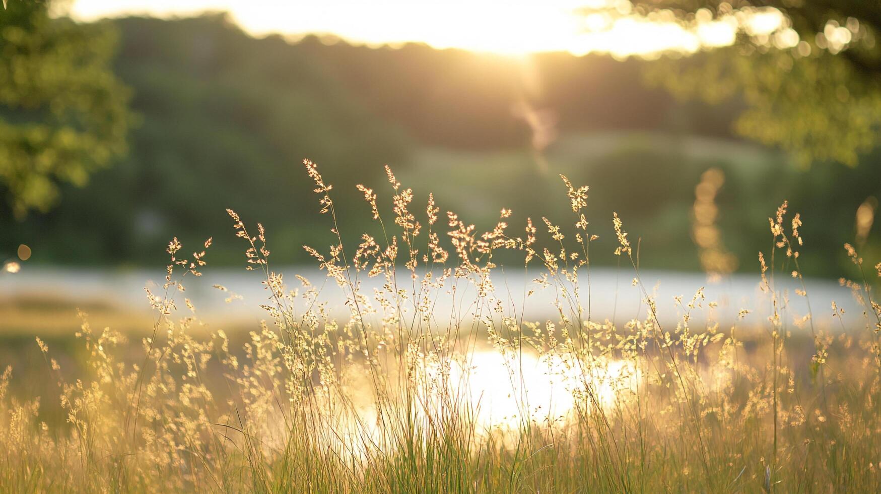 Golden hour bathes a field in warm light, illuminating tall grass near a peaceful lake as the sun sets on the horizon. photo