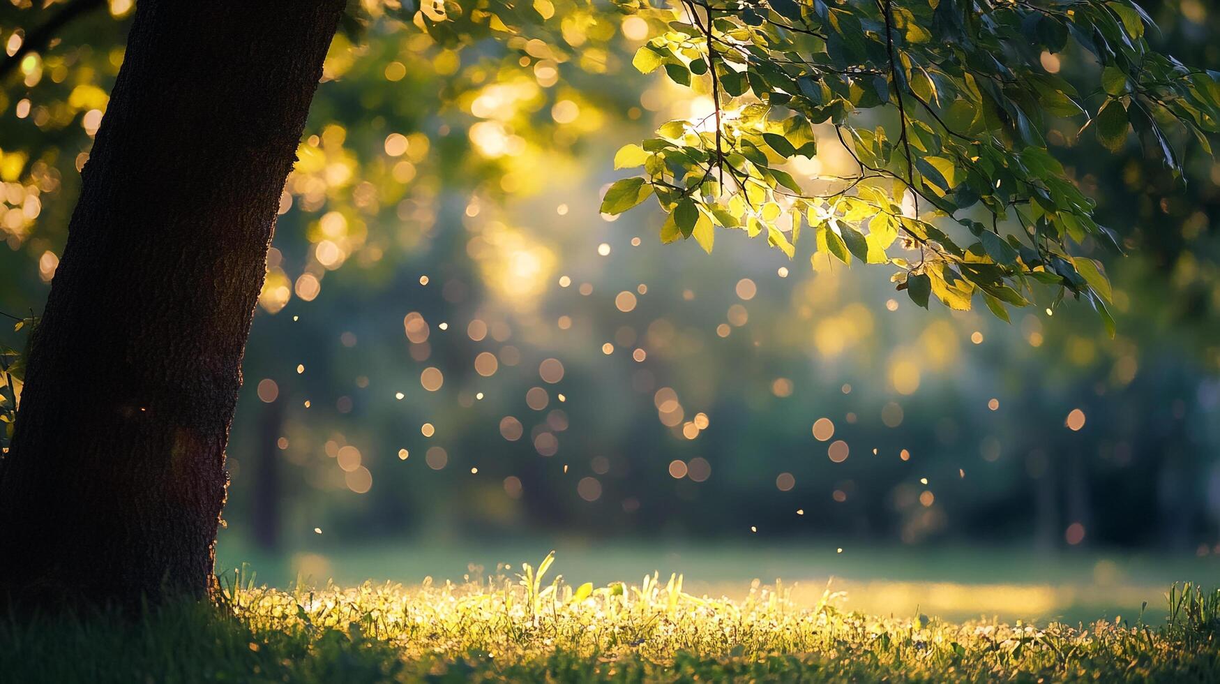 Sunlit woodland scene. A majestic tree with leaves catching the light, bokeh effect, and blades of grass. Serene nature photography. photo