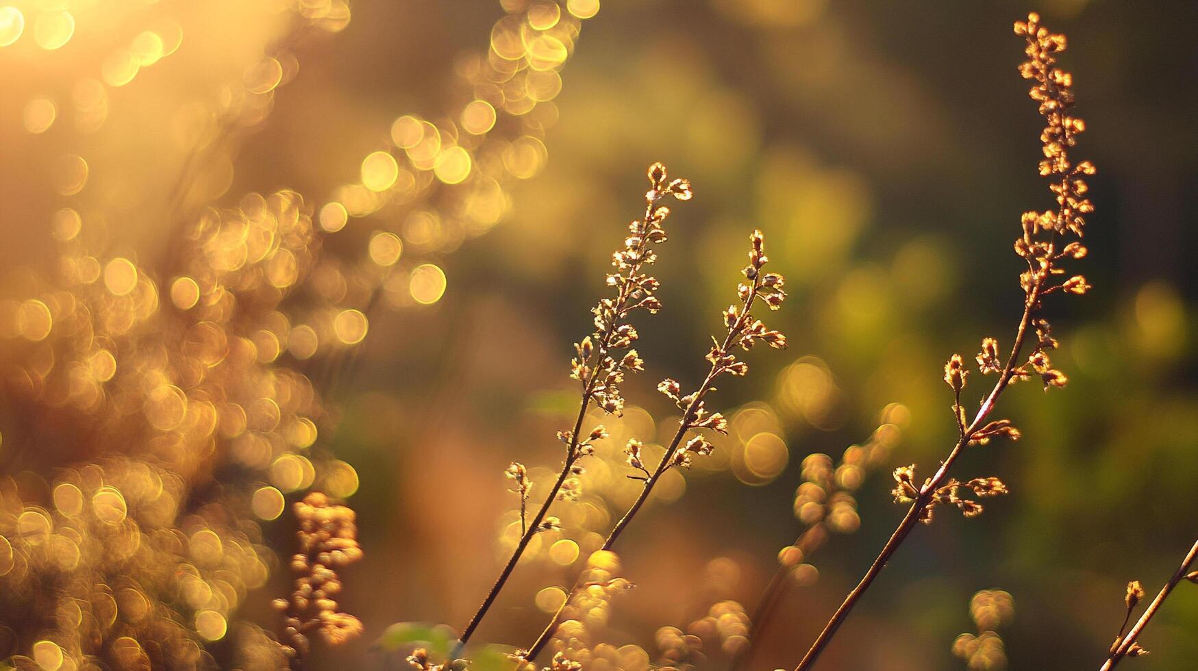 Golden hour illuminates delicate flower stalks, creating a dreamy and warm nature scene with blurred bokeh highlights. photo