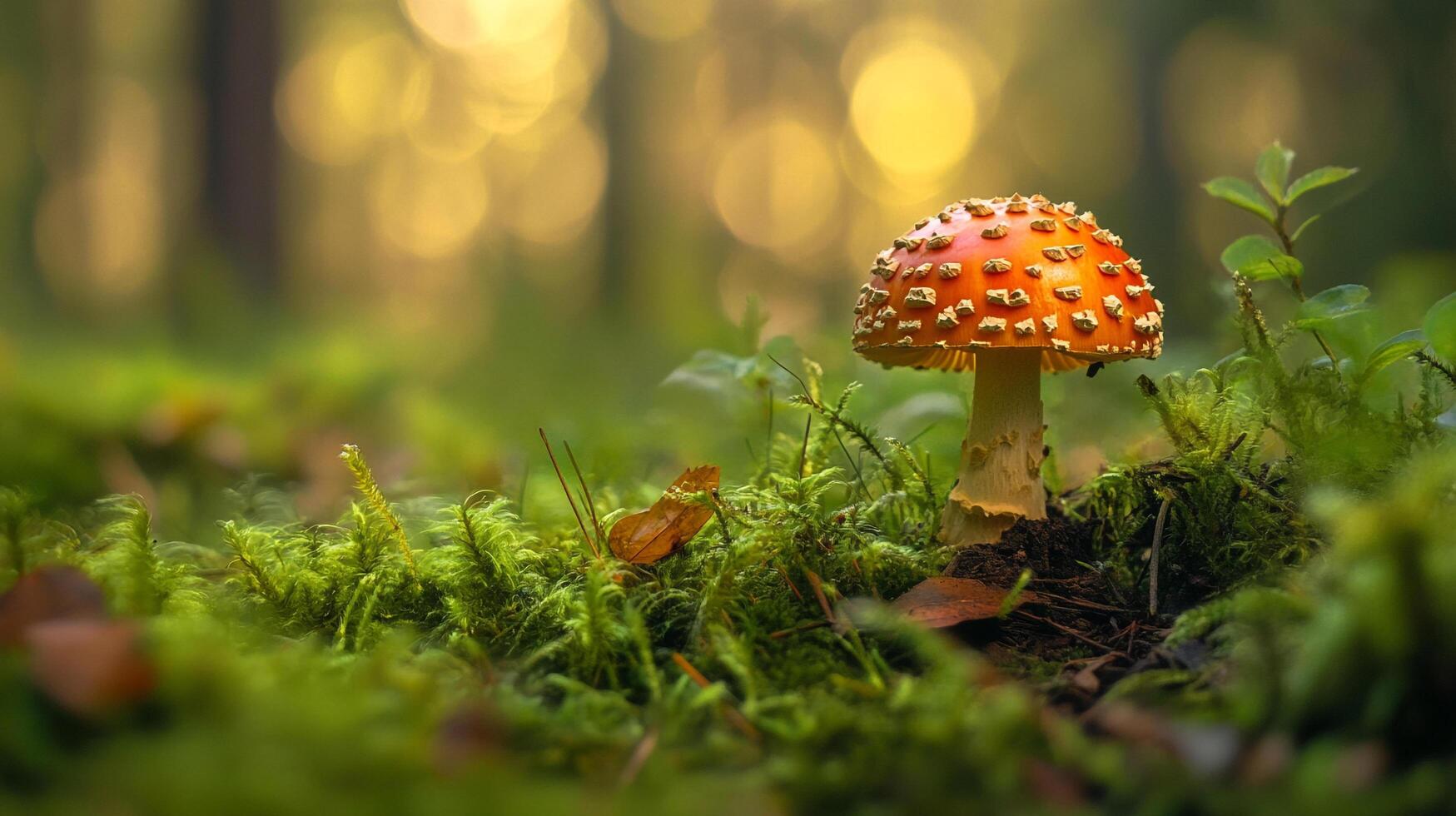 Amanita mushroom stands out among moss and greenery in a bright, ethereal forest setting. A captivating woodland scene. photo