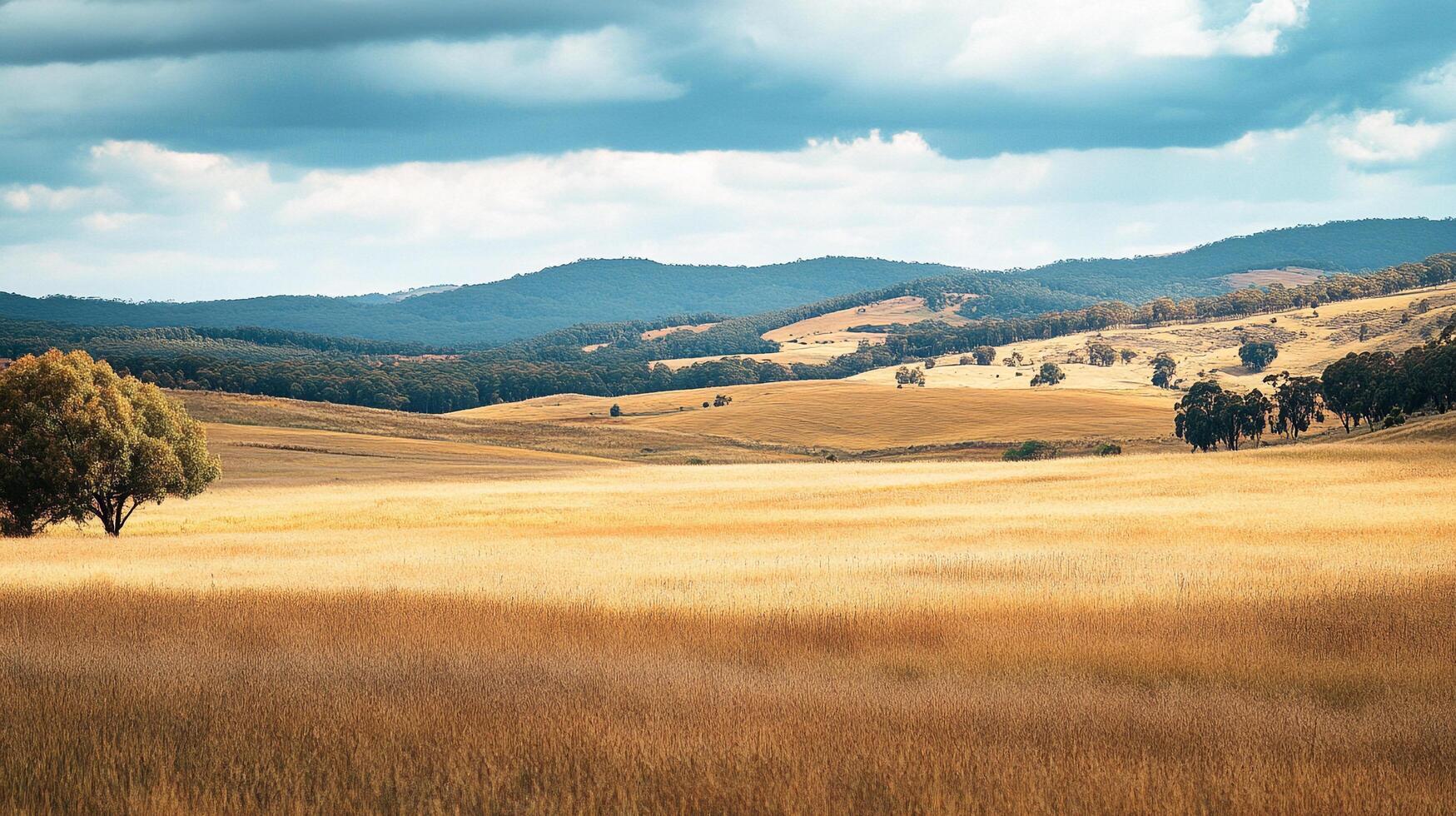 Vast golden field under a cloudy sky, with hills and trees adding depth and texture to the serene landscape. Peaceful and scenic. photo