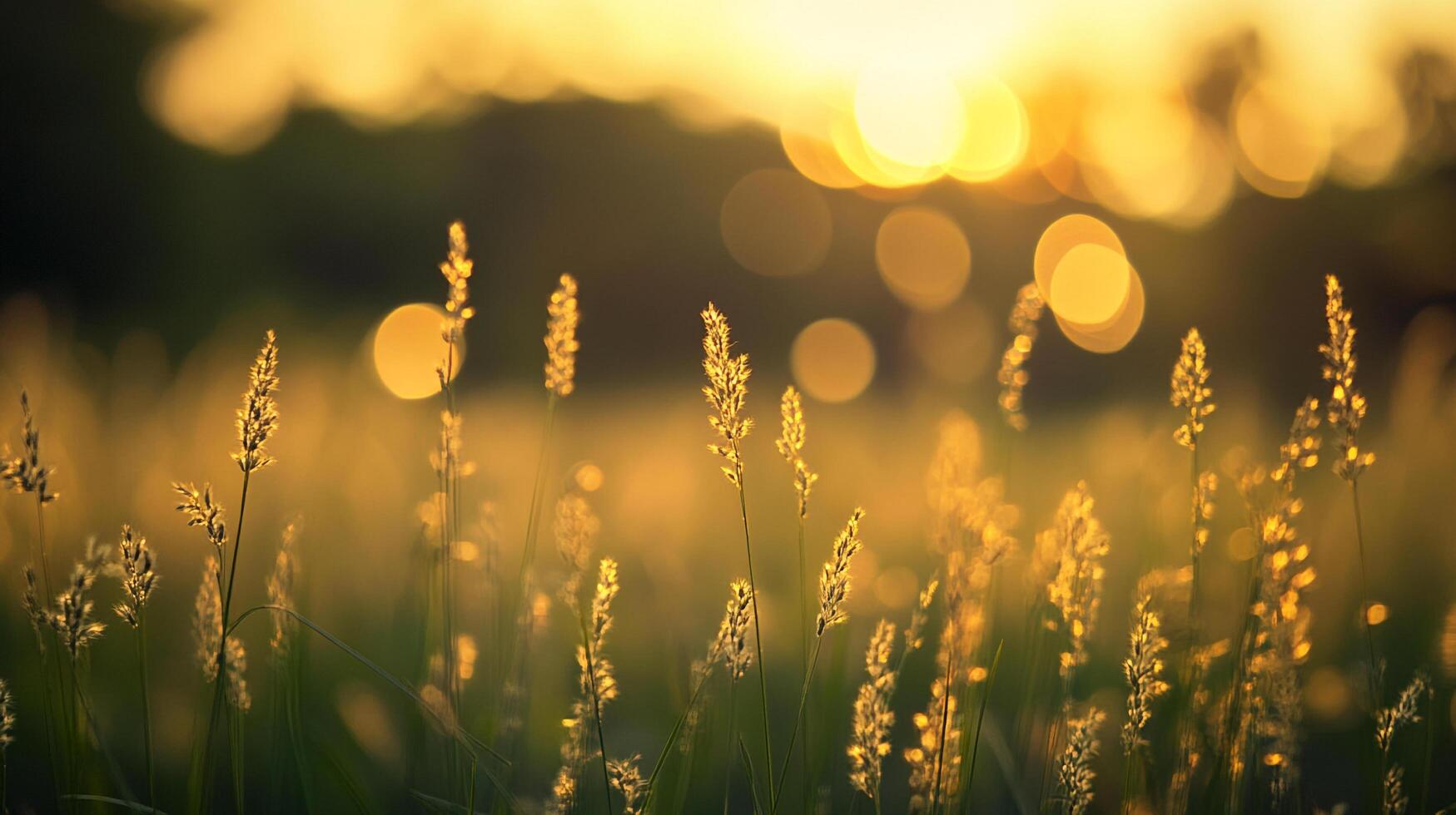 Warm golden hour illuminates a field of tall grasses. Bokeh lights create a soft, dreamlike atmosphere. Nature's beauty in simple details. photo