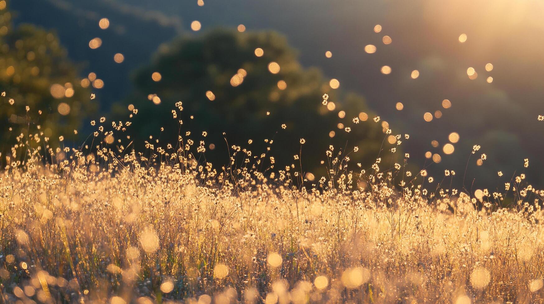 Sunlit meadow with wildflowers and bokeh lights. Nature's beauty shines in this peaceful scene, capturing the golden hour's magic. photo