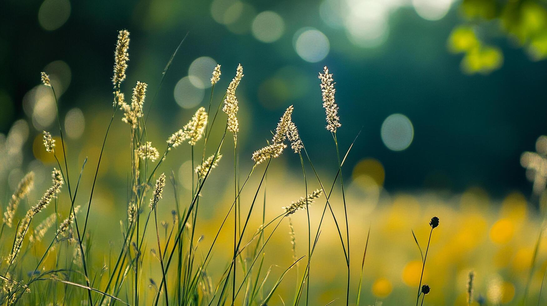 Sunlit meadow grasses sway gently in the breeze, a serene dance of nature under the soft glow, evoking tranquility and natural beauty photo