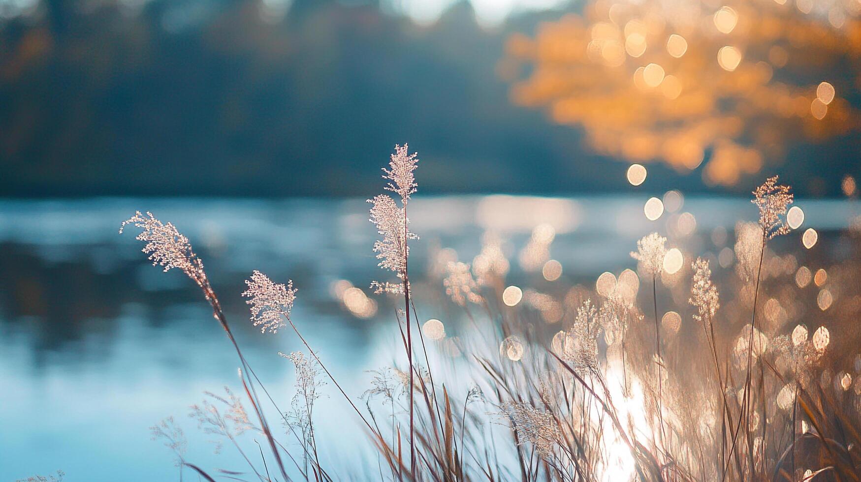 Golden light on lakeside reeds. Serene water, bokeh light, and tranquil plants create a peaceful nature scene. photo