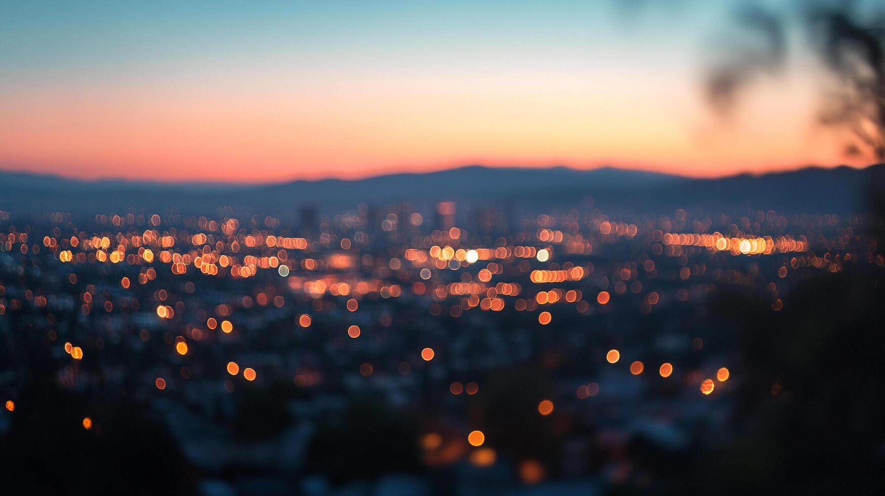 A bokeh cityscape at dusk, showcasing blurred lights against a backdrop of mountains and a gradient sky. A serene urban view. photo