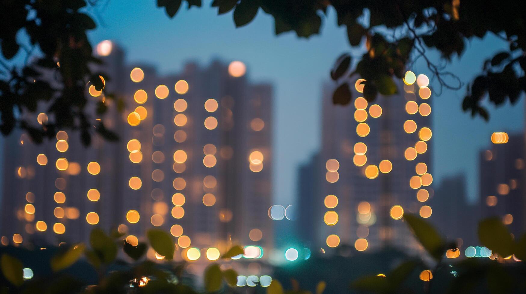 City lights glimmering in the distance, a beautiful contrast to the dark leaves in the foreground, creating a serene and urban scene. photo