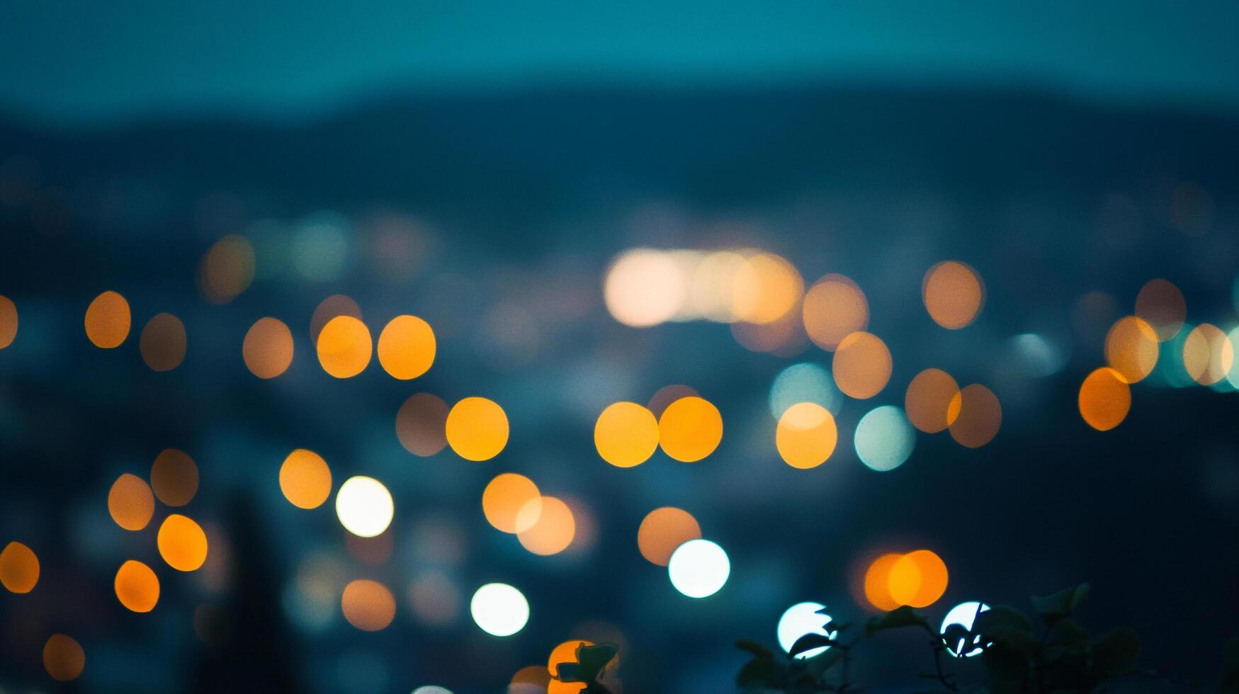 Night city lights blur into bokeh orbs of golden light, creating an abstract cityscape and tranquil atmosphere under a deep blue sky. photo