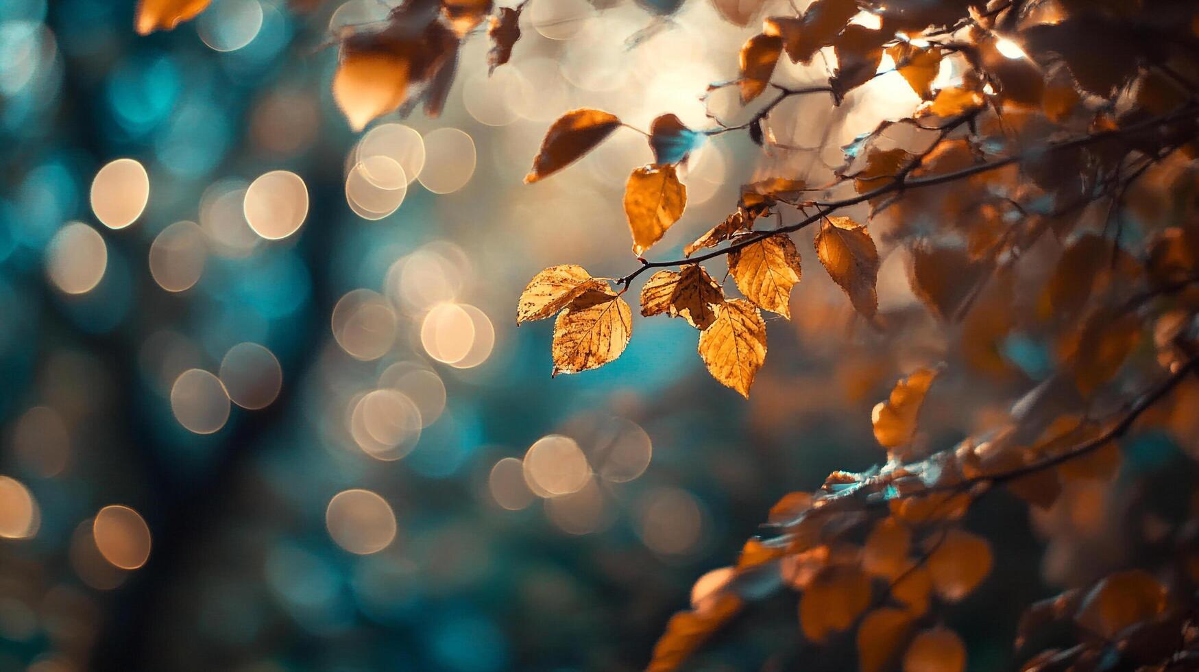 Autumn leaves catch the light, dancing bokeh highlights shimmer in the background, warm and cozy fall aesthetic with glowing colors. photo