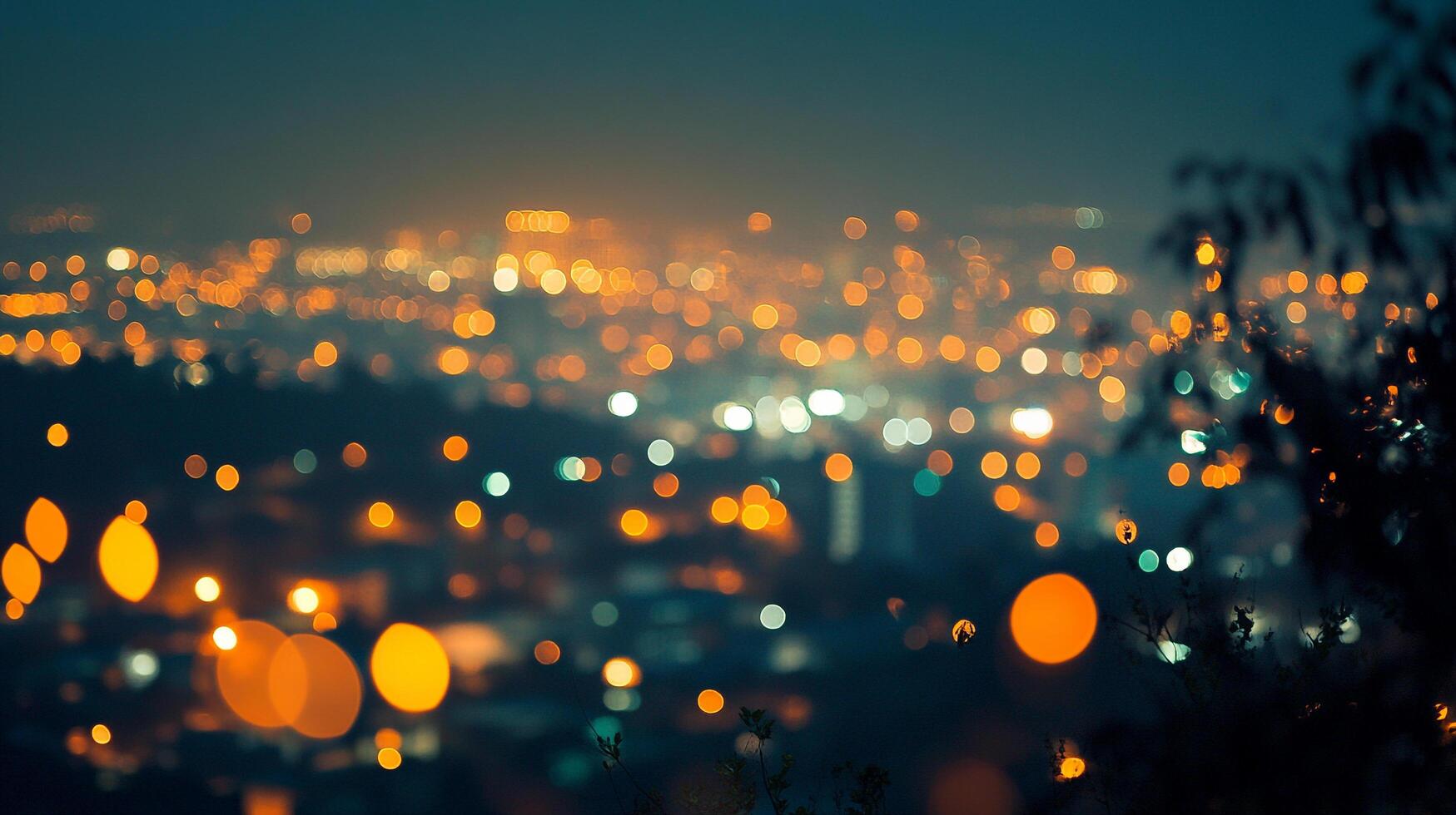 City lights blur in the distance, creating a bokeh effect. The dark sky complements the warm glow, hinting at urban nightlife. photo