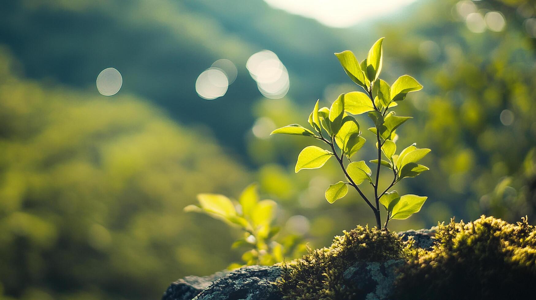 Young plant growing on a mossy rock, backlit by the sun, represents growth, new beginnings, and the beauty of nature in a serene setting photo