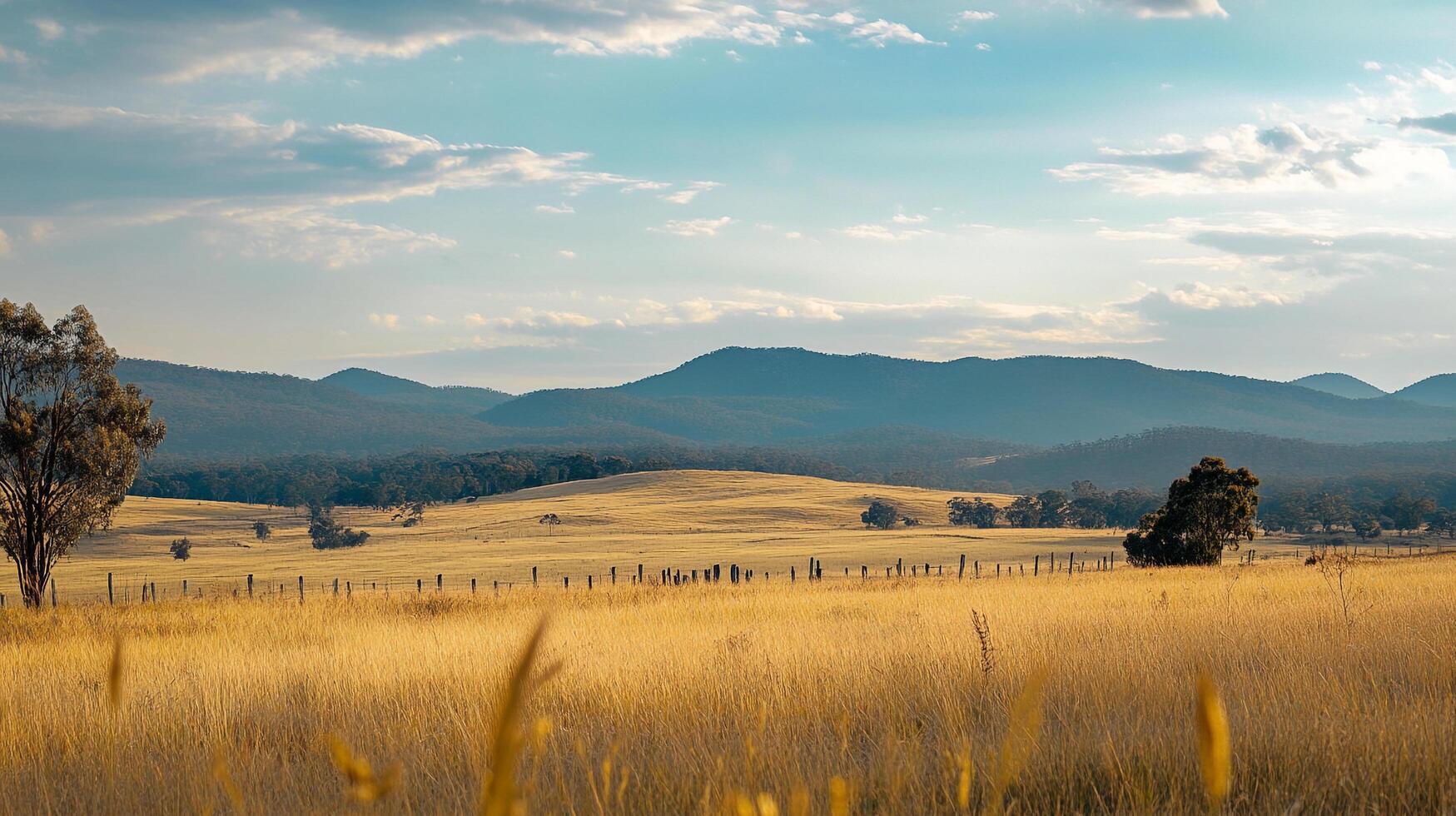 Golden field stretches towards distant, hazy mountains under a partly cloudy sky, evoking peace and tranquility. Pastoral scenery. photo