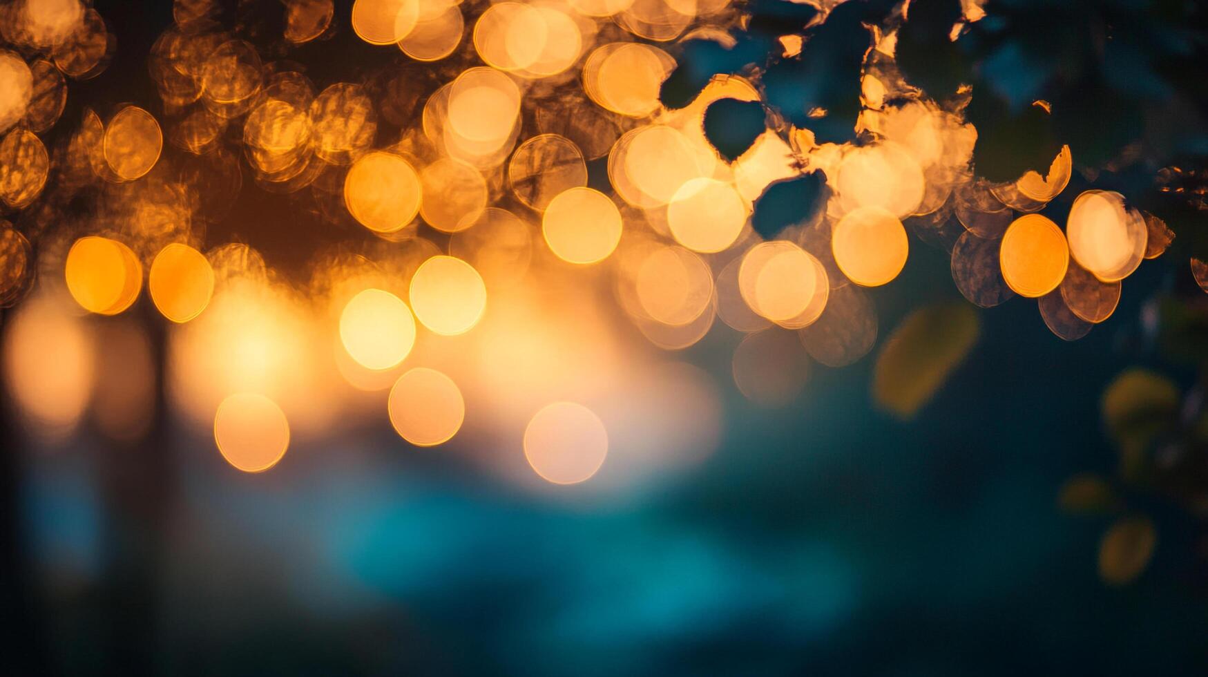 Abstract image featuring glowing bokeh lights in orange and yellow against a dark teal background with leaves, creating soft and dreamy atmosphere. photo