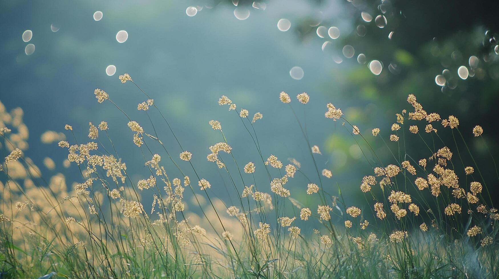 Golden grasses sway gently, bokeh lights dance above. A serene, natural scene evokes tranquility and peace in soft, diffused lighting. photo