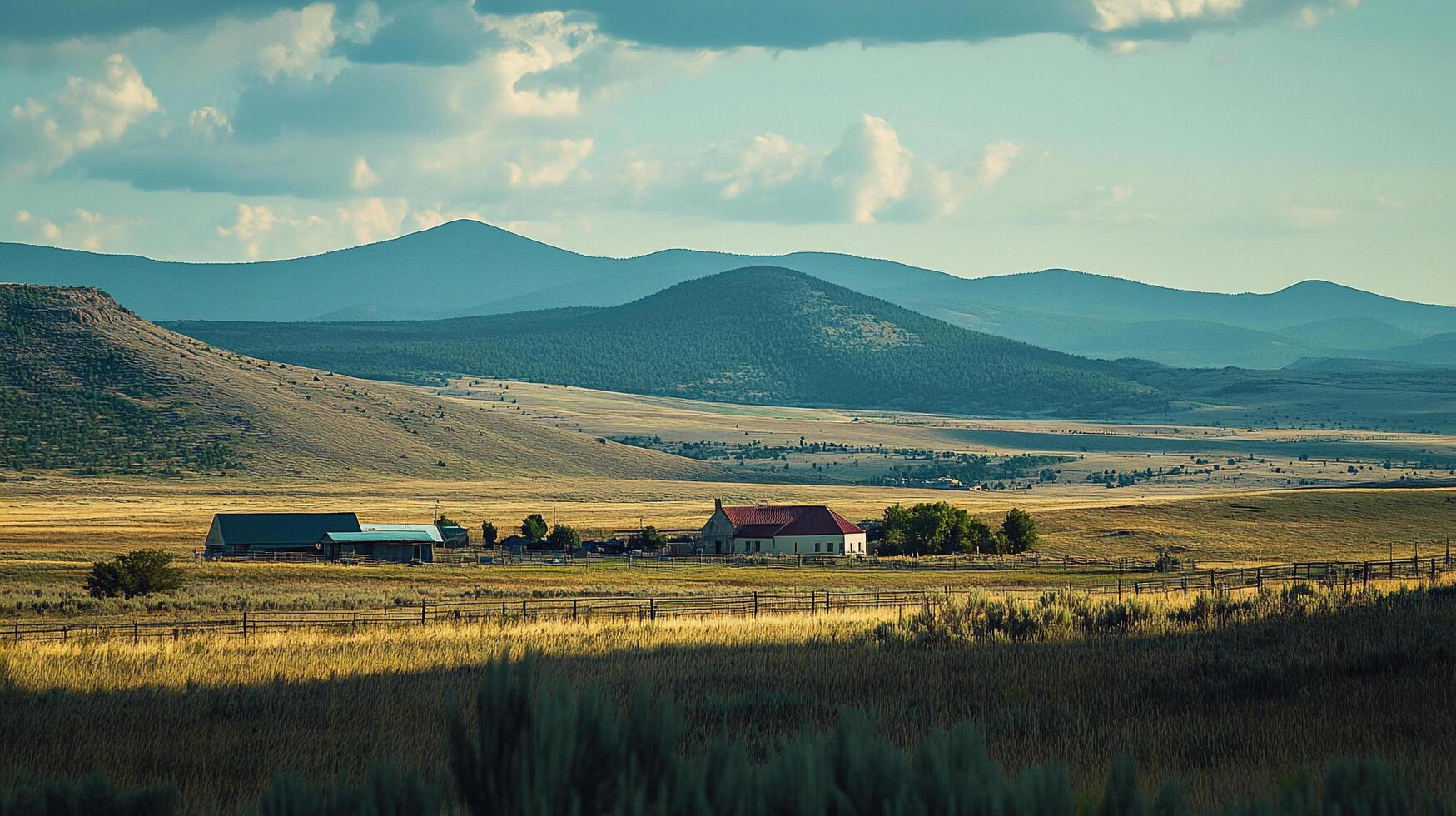 Rural landscape with farmhouse and rolling hills under a partly cloudy sky, showcasing a serene and idyllic countryside scene. photo