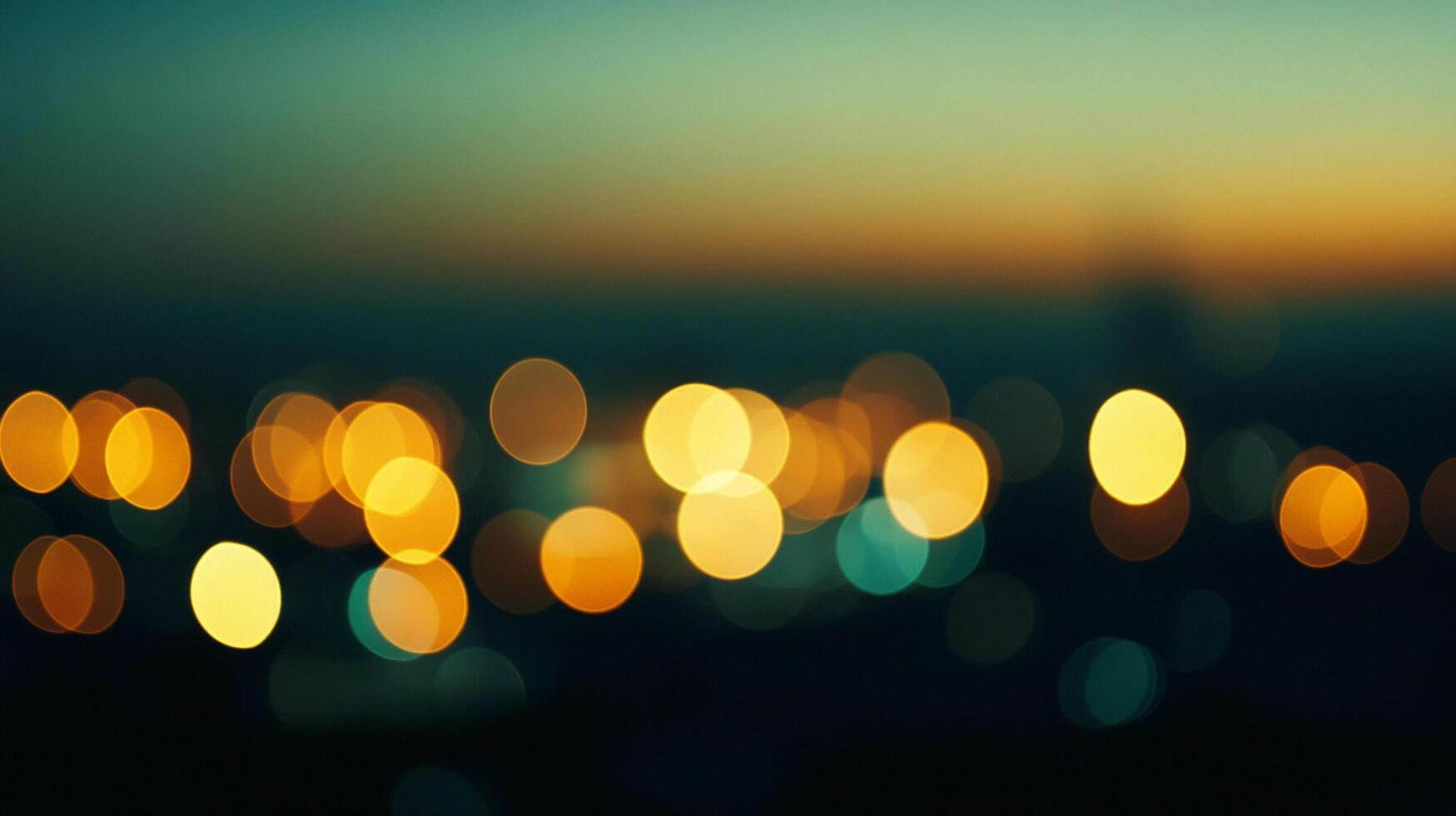 Abstract lights evoke a cityscape at night. Bokeh effect creates a dreamy, blurred visual with shades of amber, turquoise, and darkness. photo