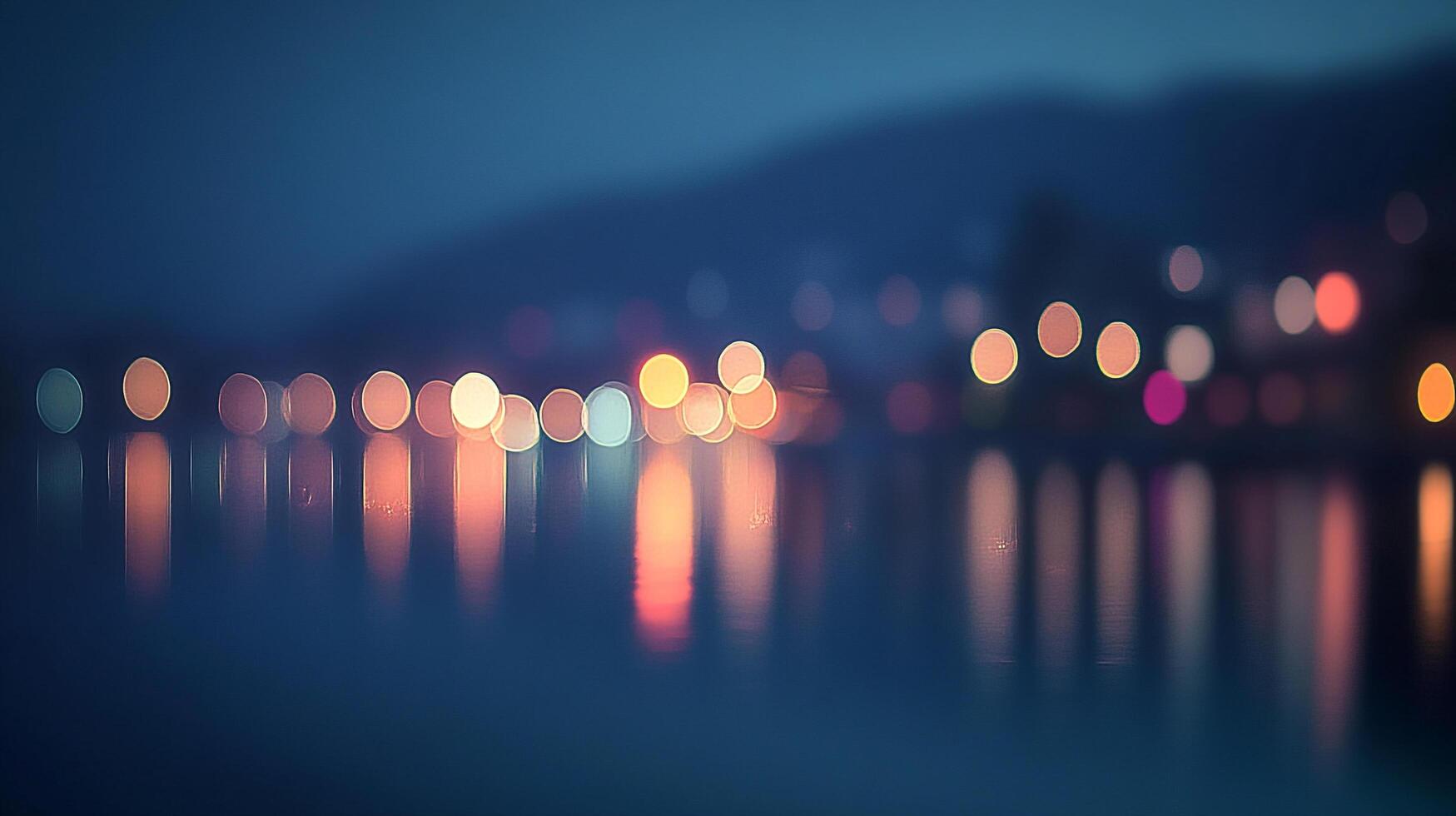 A serene nightscape featuring blurred city lights reflecting on the water, creating a dreamy and peaceful ambiance. photo