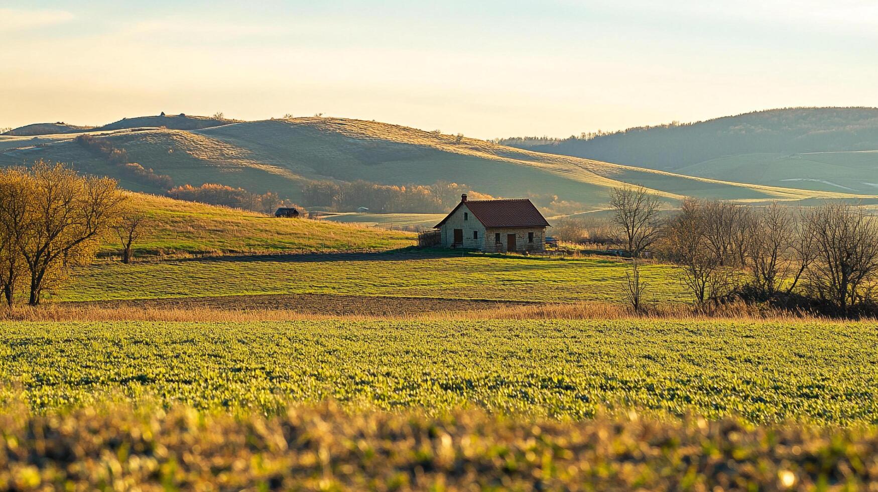 Picturesque countryside vista featuring a solitary house nestled within rolling hills, illuminated by the warm hues of the setting sun. photo