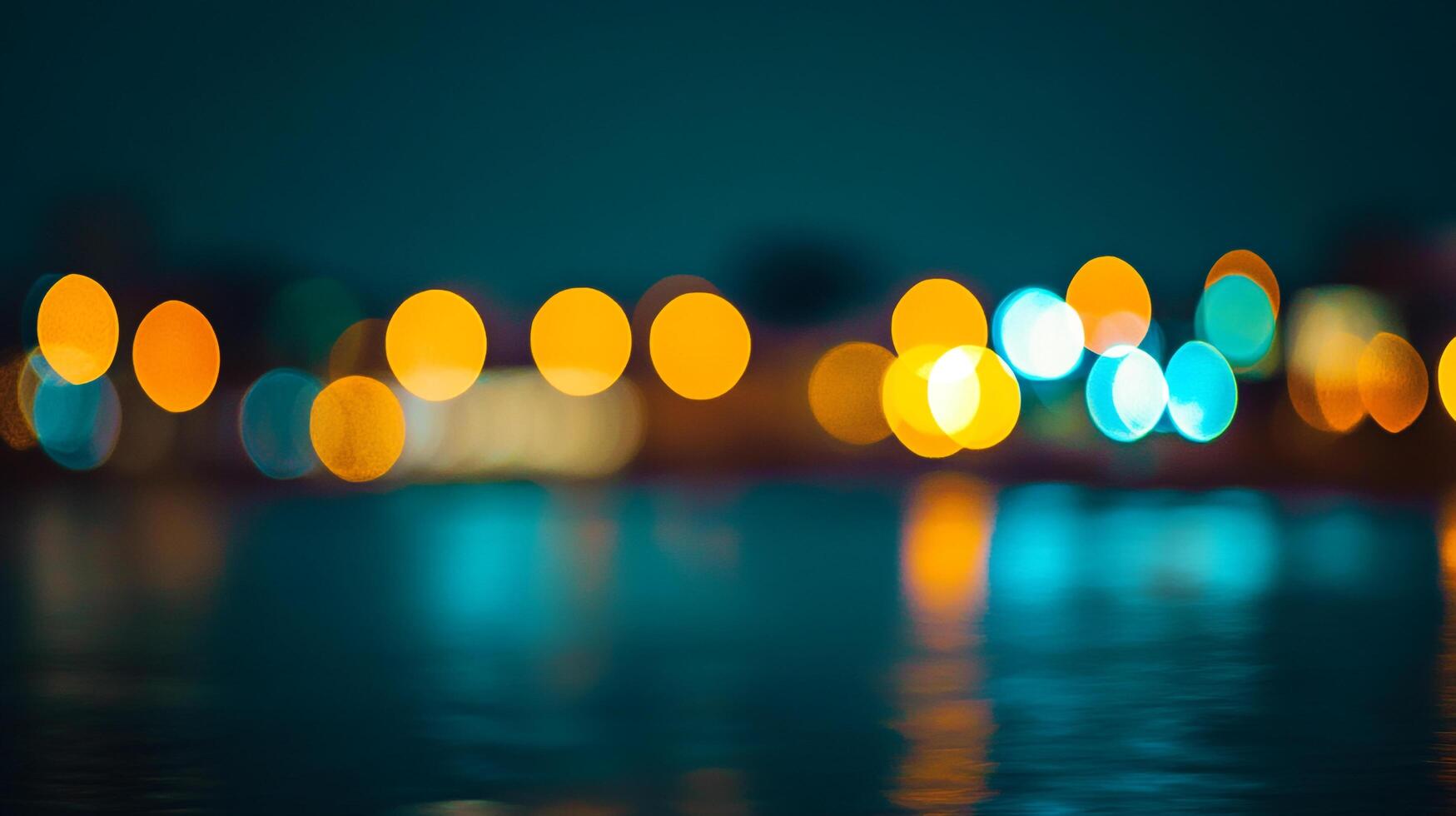 Abstract cityscape reflected in water, with glowing orange and blue lights blurred, creating a dreamy, atmospheric ambiance. photo
