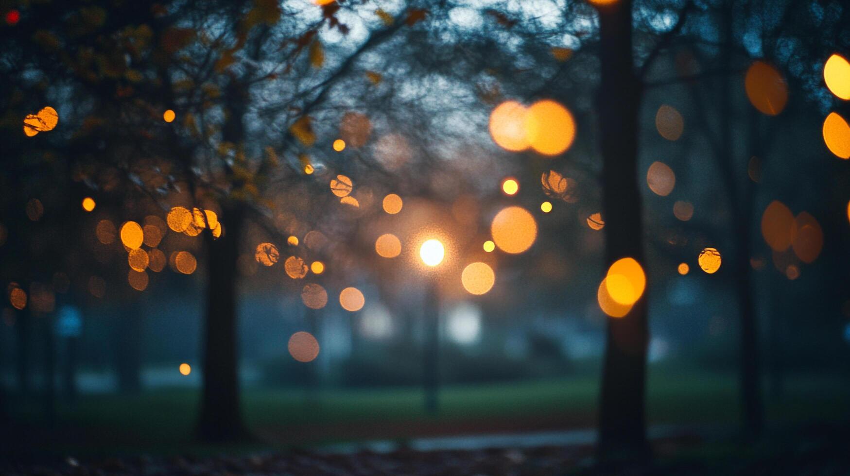 Ambient glowing lights add a warm festive look. An atmosphere of mystery surrounds a blurred tree, bathed in light during the blue hour. photo