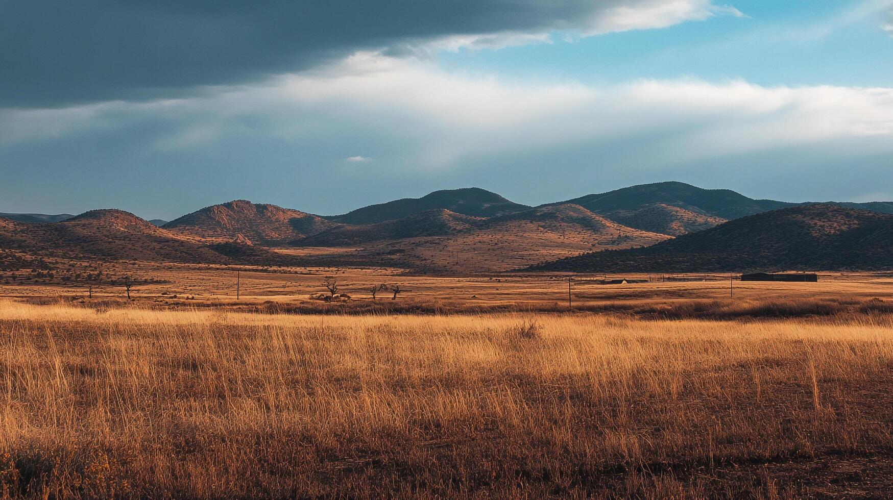 Serene landscape featuring golden grassland contrasted against a backdrop of gentle, rolling hills under a partly cloudy sky. photo
