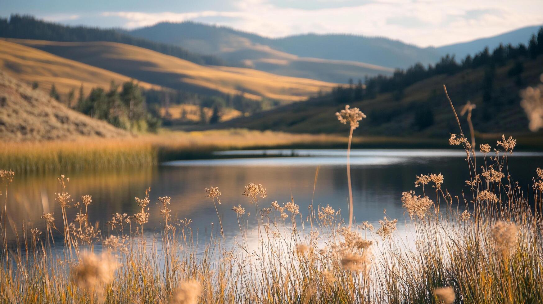 Peaceful lake reflecting rolling hills and golden grasses. Serene nature scene with a quiet, reflective atmosphere. Wild beauty at dusk. photo