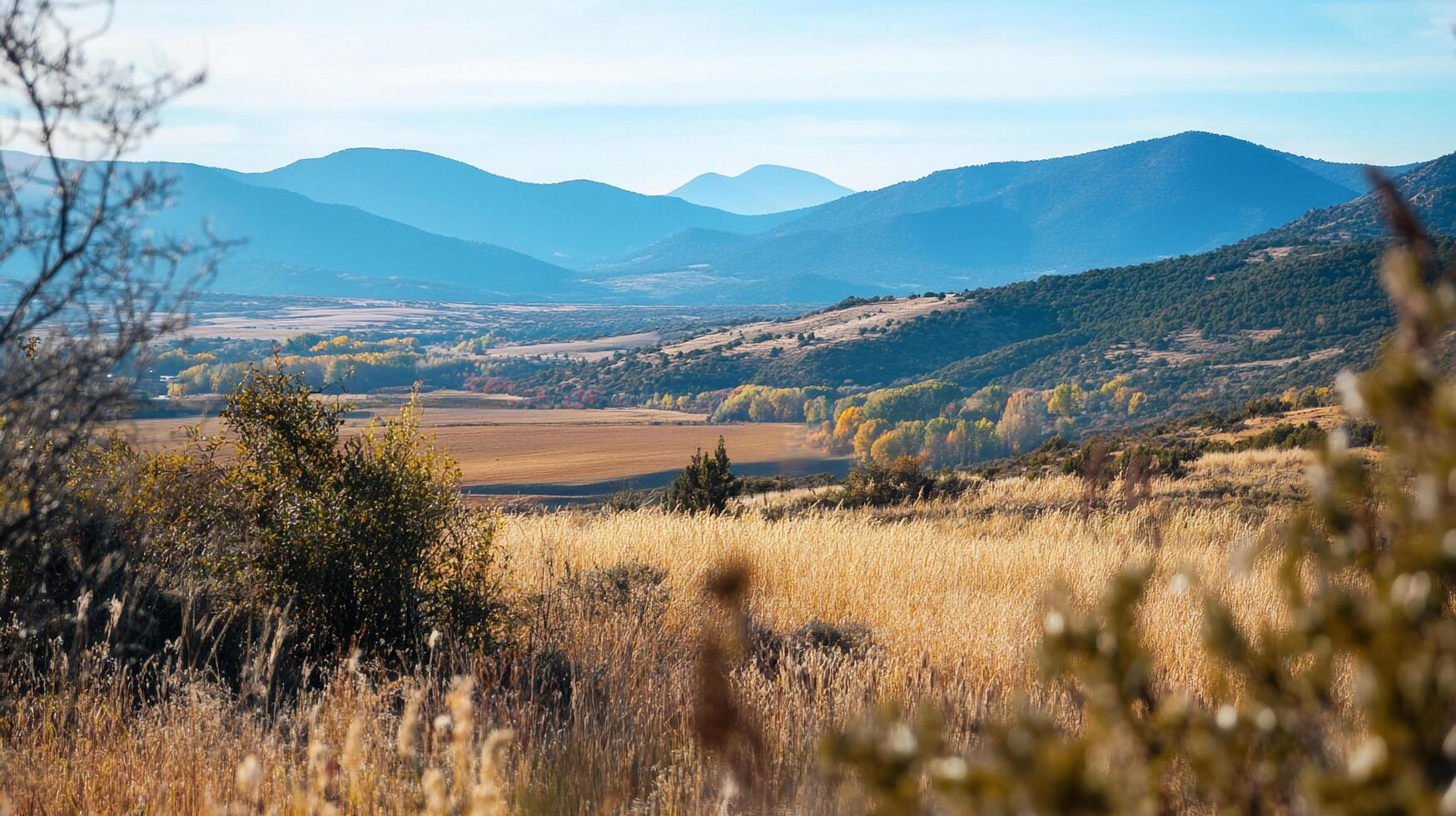 Vast landscape featuring rolling mountains, golden fields, and autumn trees under a clear sky. Scenic vista, tranquil beauty and open spaces. photo