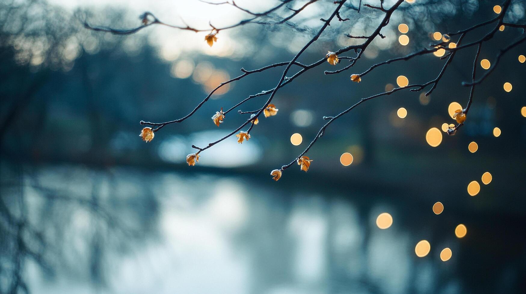 Winter branches extend over calm waters, bokeh lights glow softly. Peaceful nature scene, soft lighting, soothing colors, winter's beauty. photo