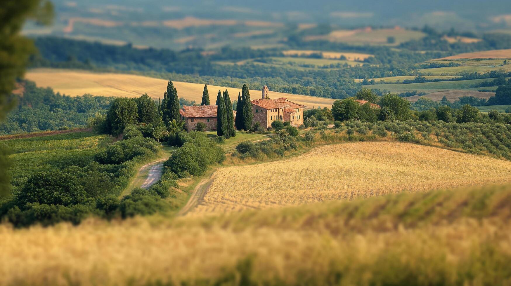 Picturesque Tuscan farmhouse nestled amidst rolling golden fields, cypress trees, and vineyards under a soft, hazy sky, evoking serenity. photo