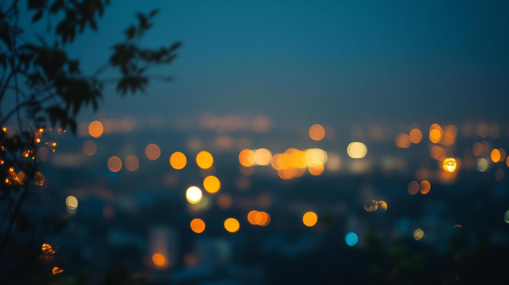 Night lights glow softly in the distance, creating a warm bokeh effect against the cool, dusky sky. Tranquil and dreamy cityscape. photo