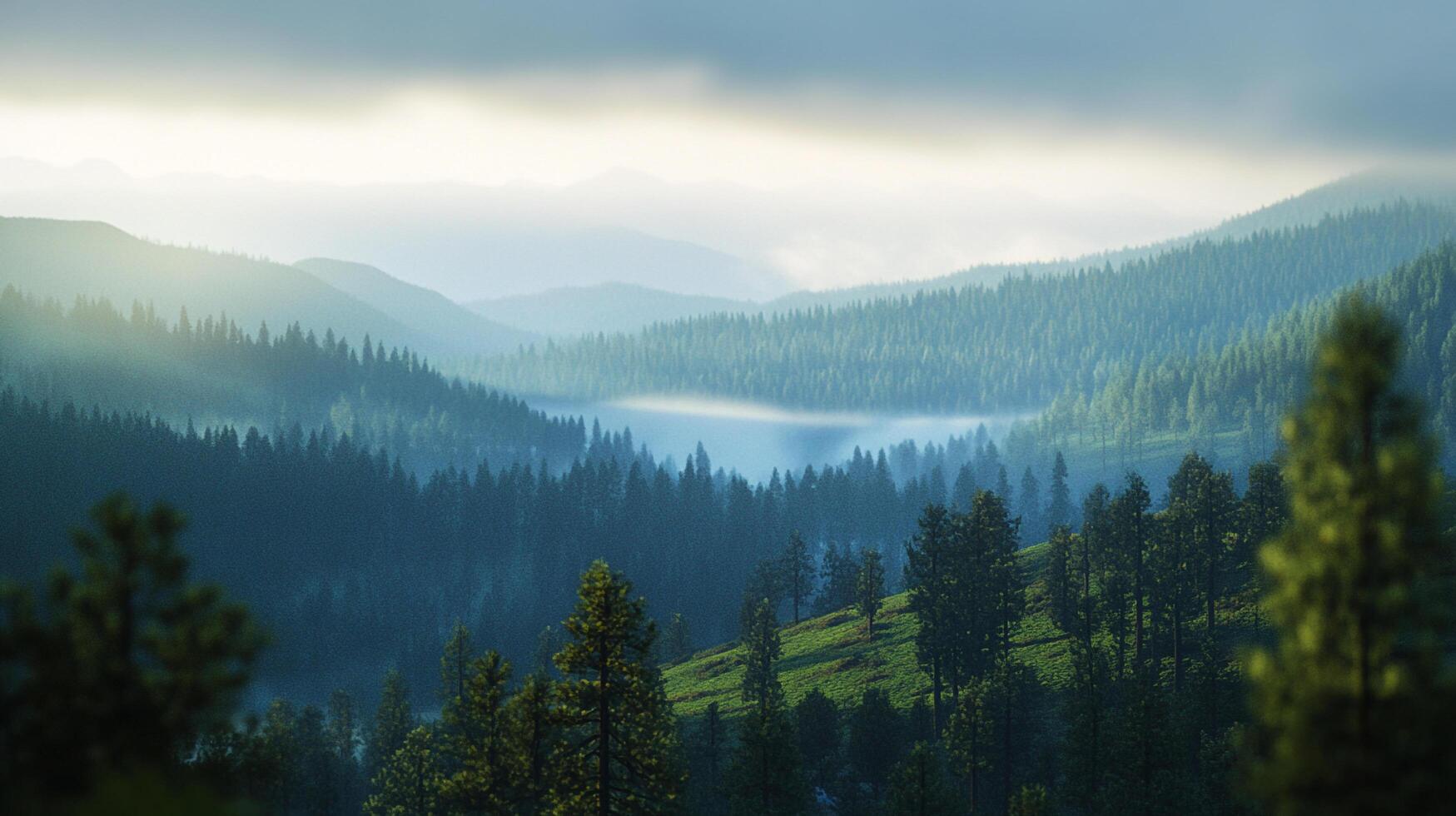 A serene landscape unfolds with misty mountains and a verdant forest, painted with soft light, creating a peaceful and tranquil scene. photo