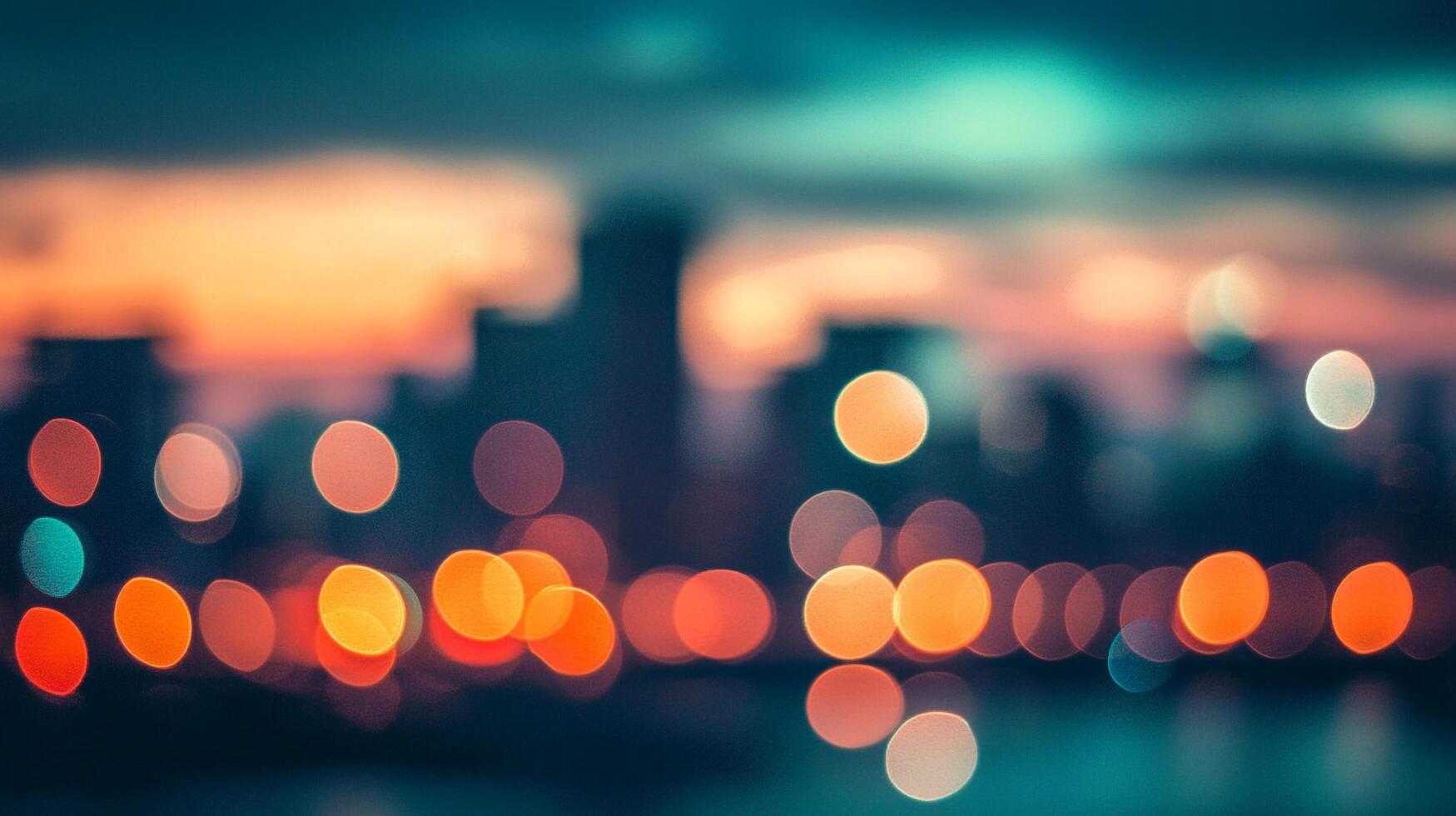 Abstract city skyline at dusk featuring blurred lights. Evokes a dreamy, vibrant atmosphere, perfect for urban backgrounds or art prints. photo