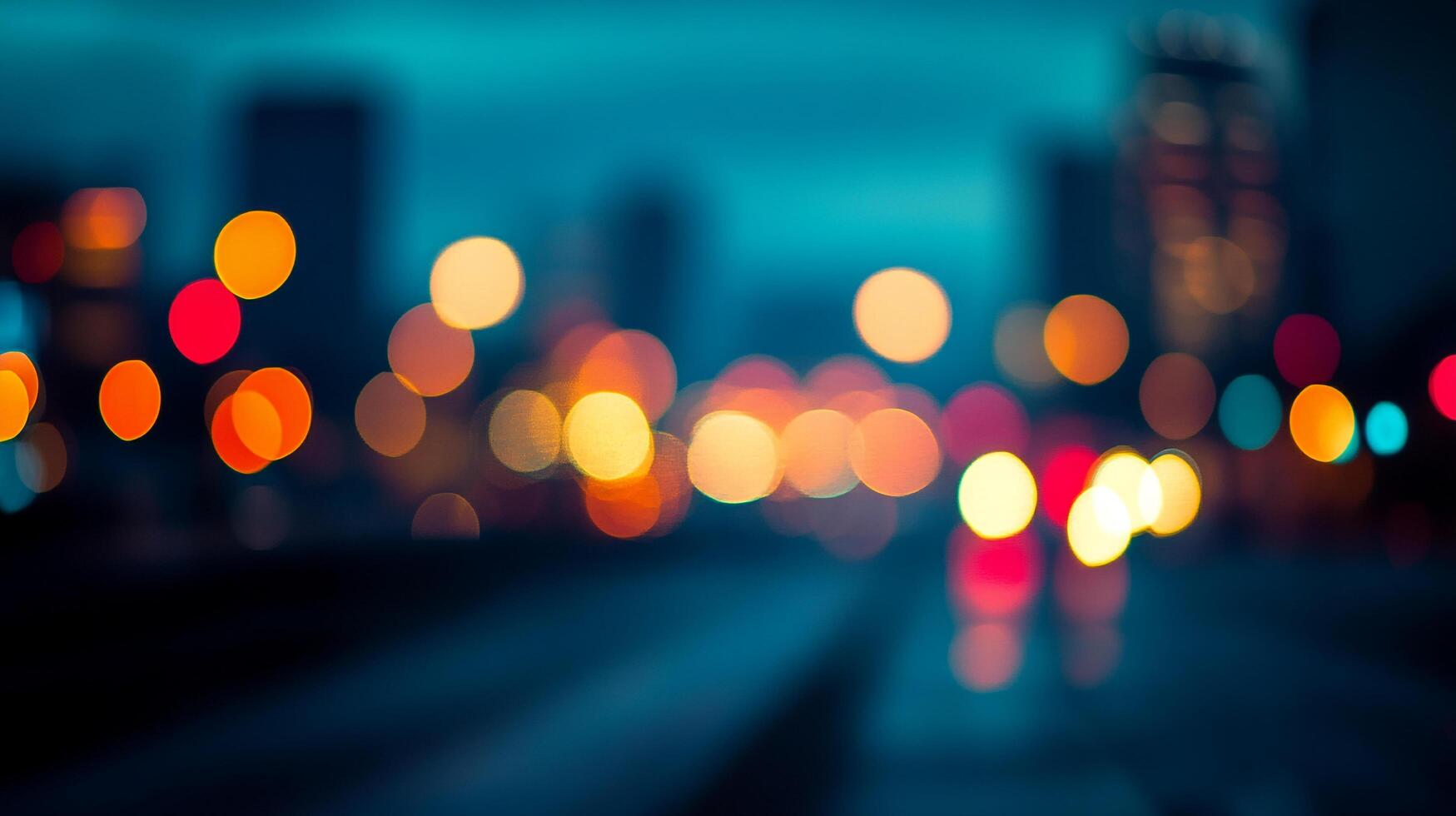 Blurred urban lights paint a vibrant abstract scene, capturing the city's energy and night's allure with luminous bokeh effects. photo