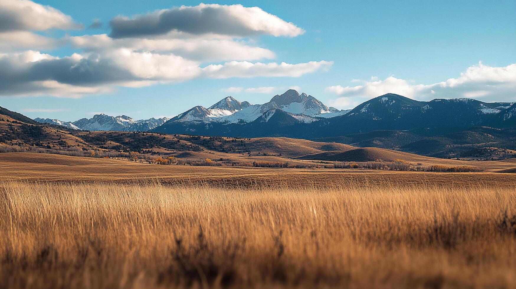 Vast golden grasslands meet majestic snow-capped mountains under a vibrant blue sky dotted with fluffy clouds, creating a serene landscape. photo