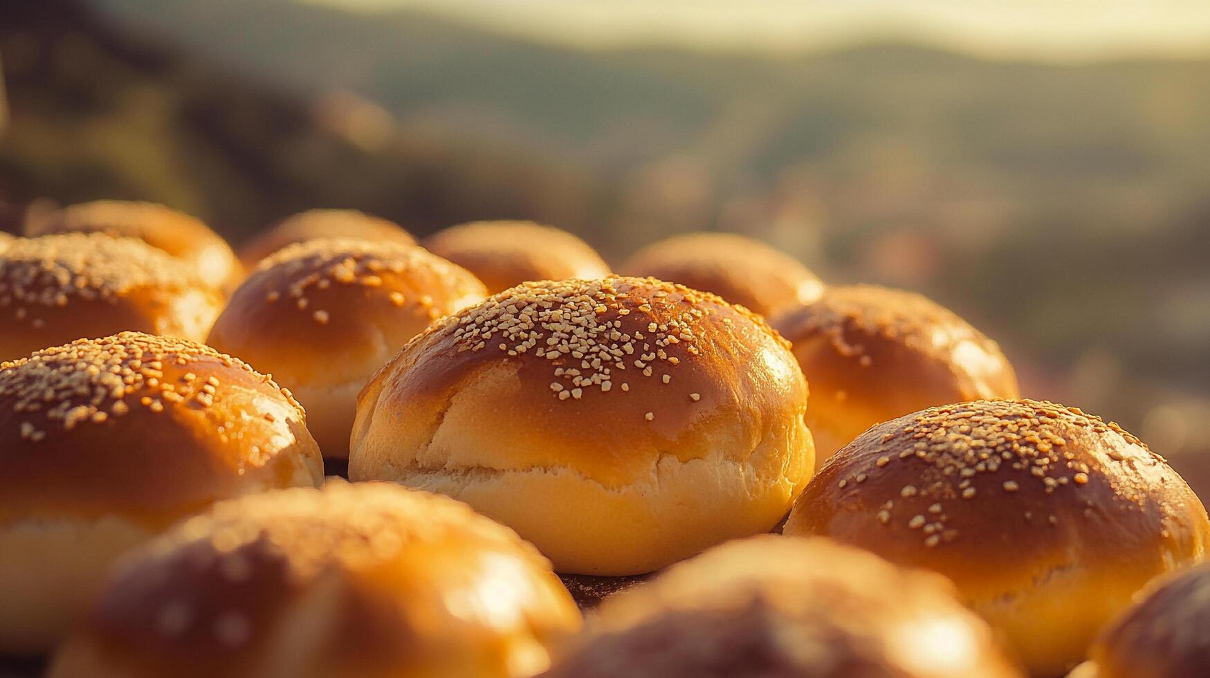 Golden sesame buns, a warm inviting scene featuring plump, freshly baked bread, perfect for a hearty meal or snack. photo