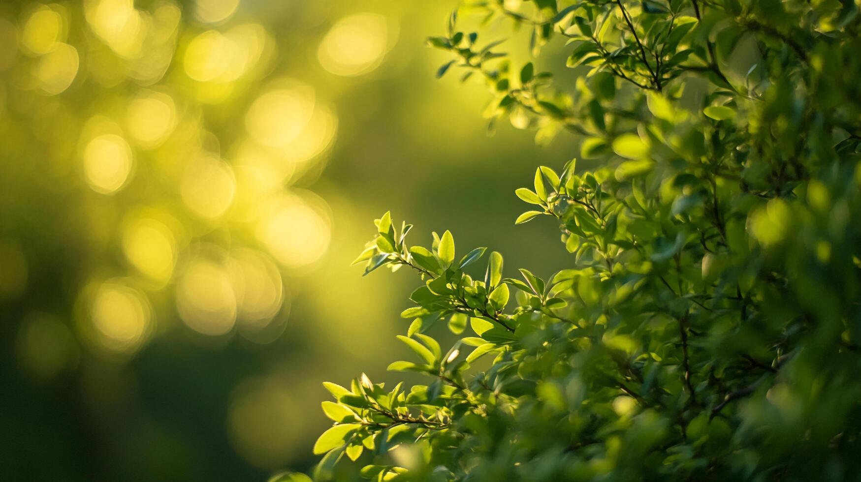Lush green foliage and ethereal bokeh create a serene and natural backdrop. The leaves are bathed in warm sunlight, creating a soft and calming scene. photo