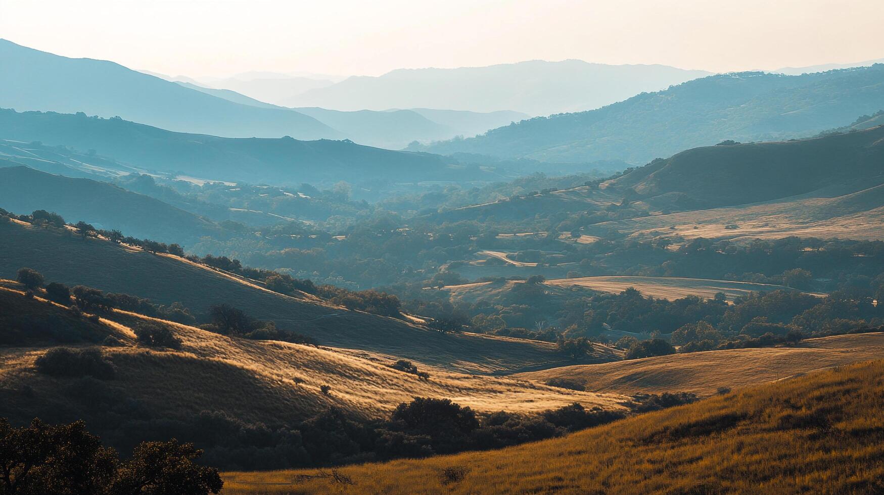Scenic vista of rolling hills and mountains bathed in a soft, early morning light, creating a tranquil and picturesque landscape. photo
