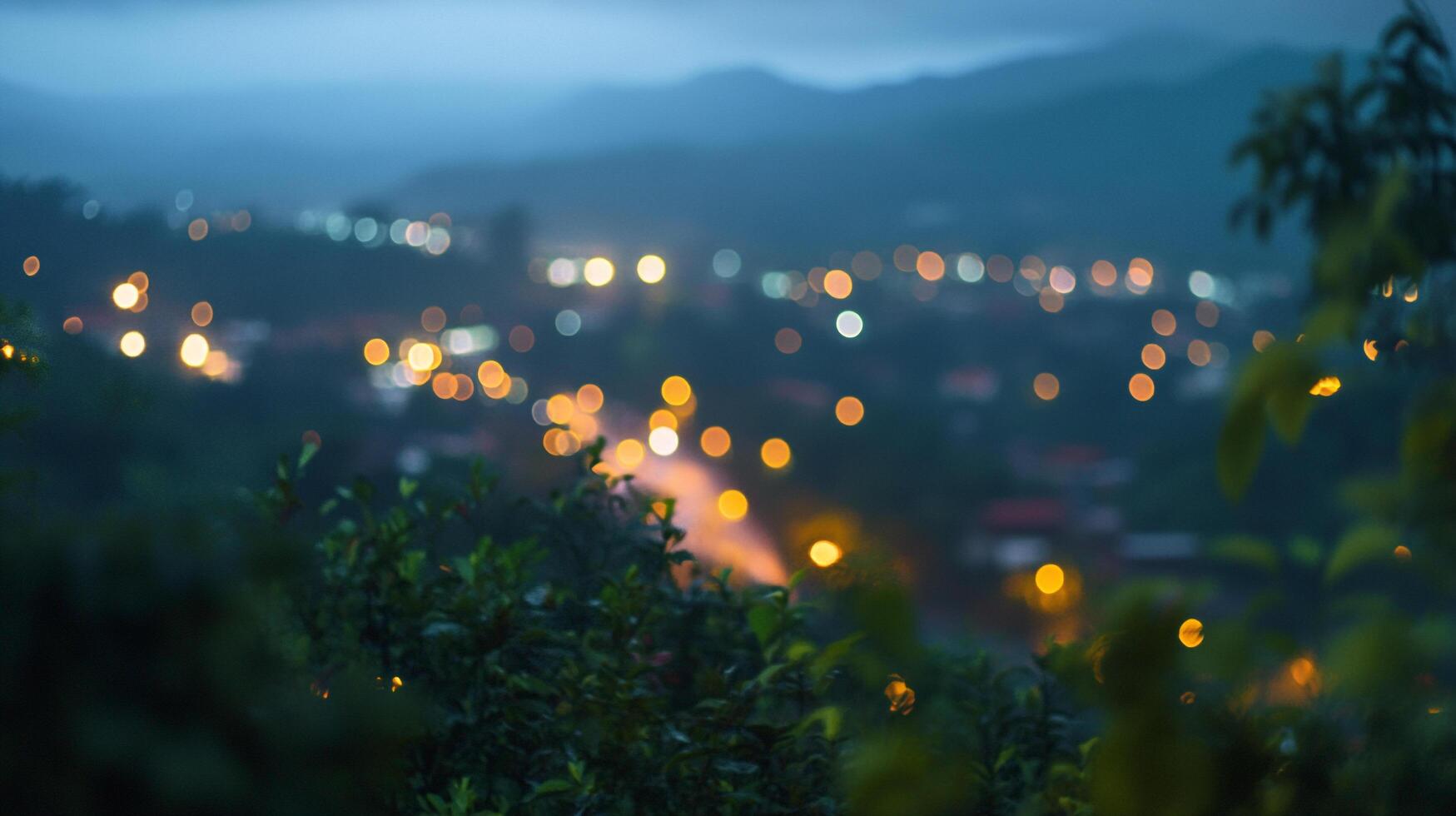 Night lights illuminate a town nestled among rolling hills, with a dark blue sky and green foliage in the foreground. photo