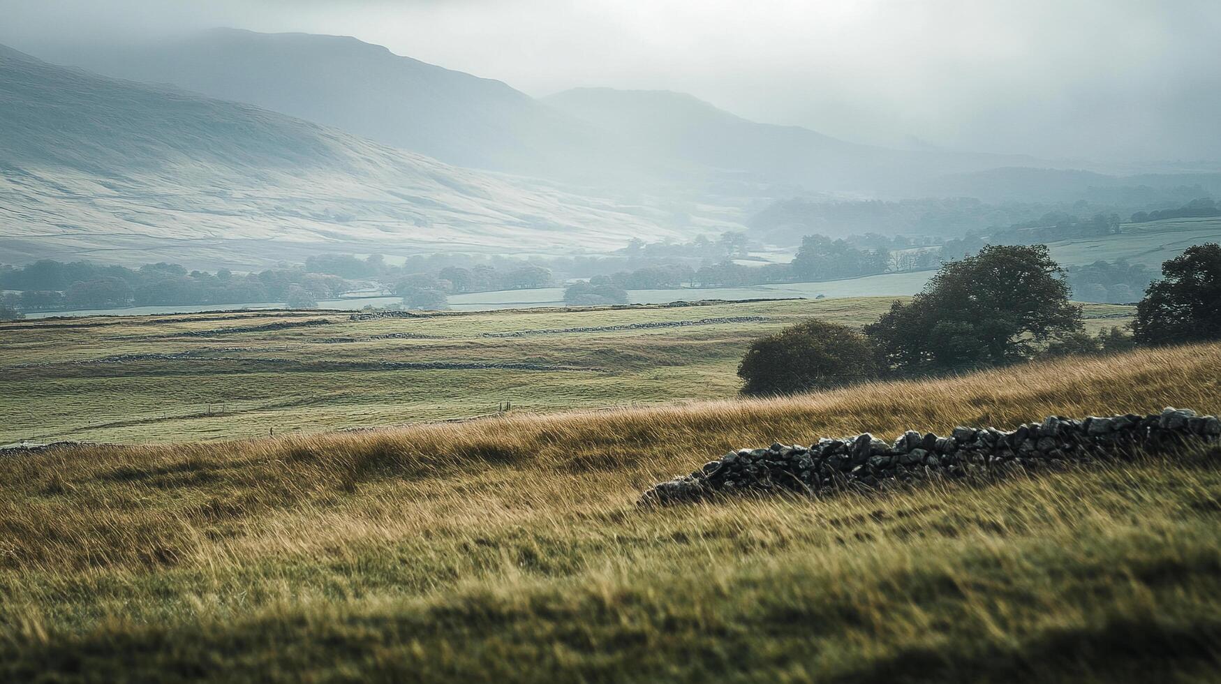 Misty mountains backdrop a peaceful landscape. Fields and stone walls create a scenic rural view. Nature and tranquility blend together. photo