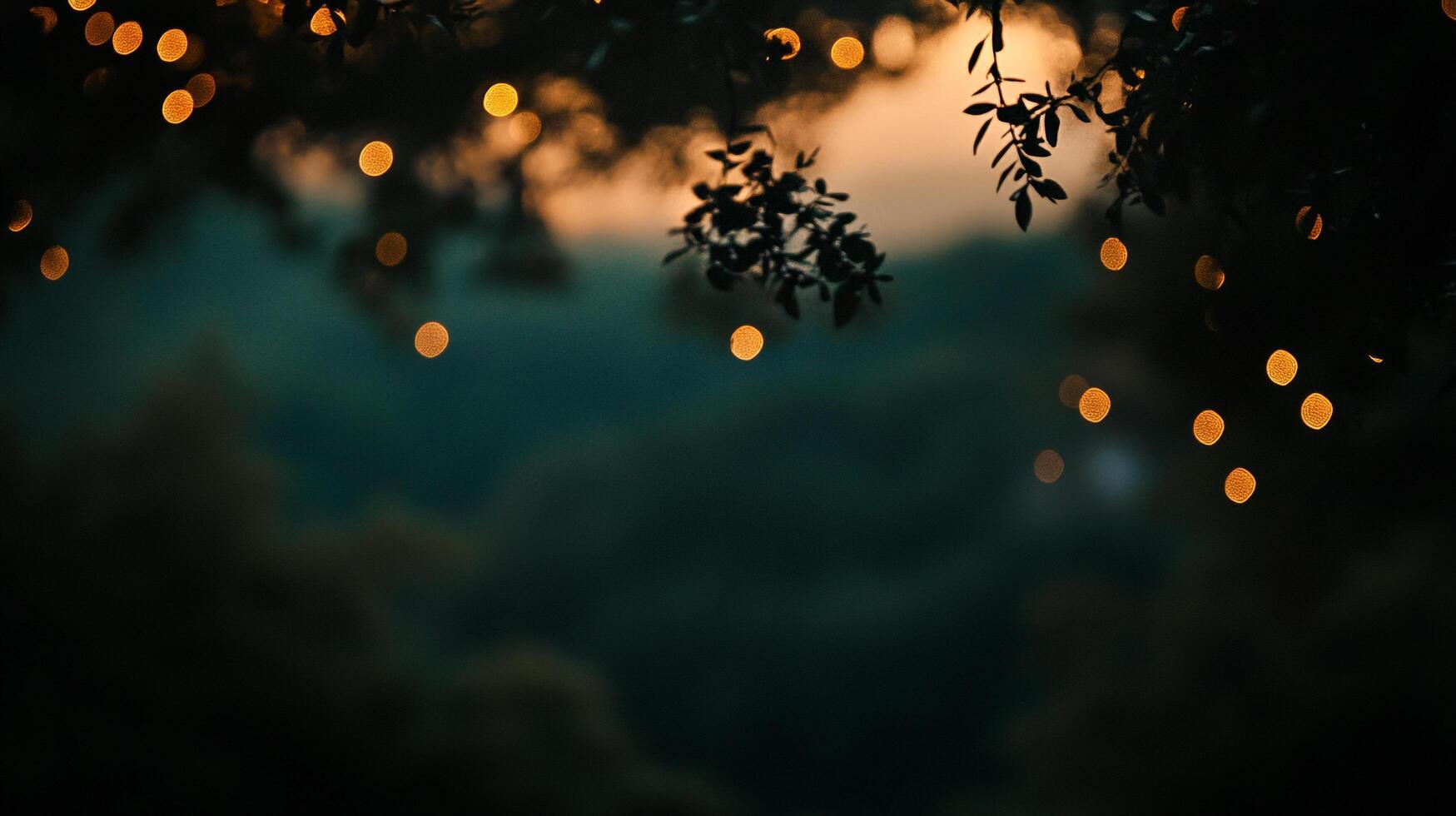 Twinkling lights nestled in dark foliage create a magical, festive atmosphere. A serene and enchanting scene under a dusky sky. photo