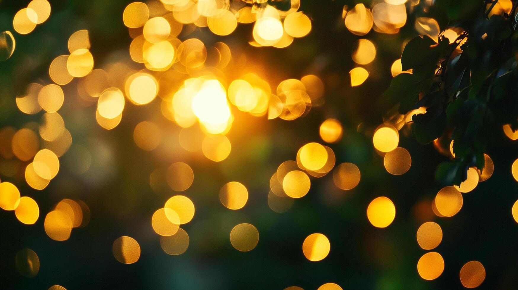 A magical display of soft, golden light orbs, creating a whimsical and enchanting bokeh background with dark foliage. photo