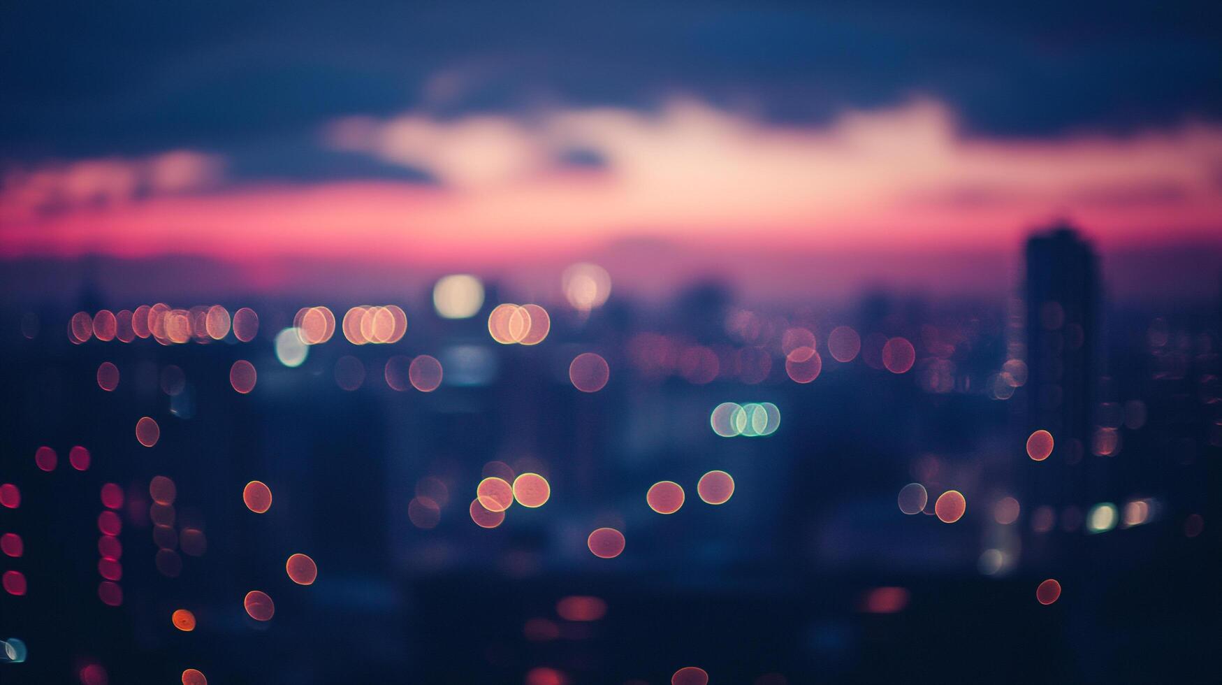 Dreamy urban sunset with blurred lights creating a magical bokeh over a city skyline, bathed in twilight colors. photo